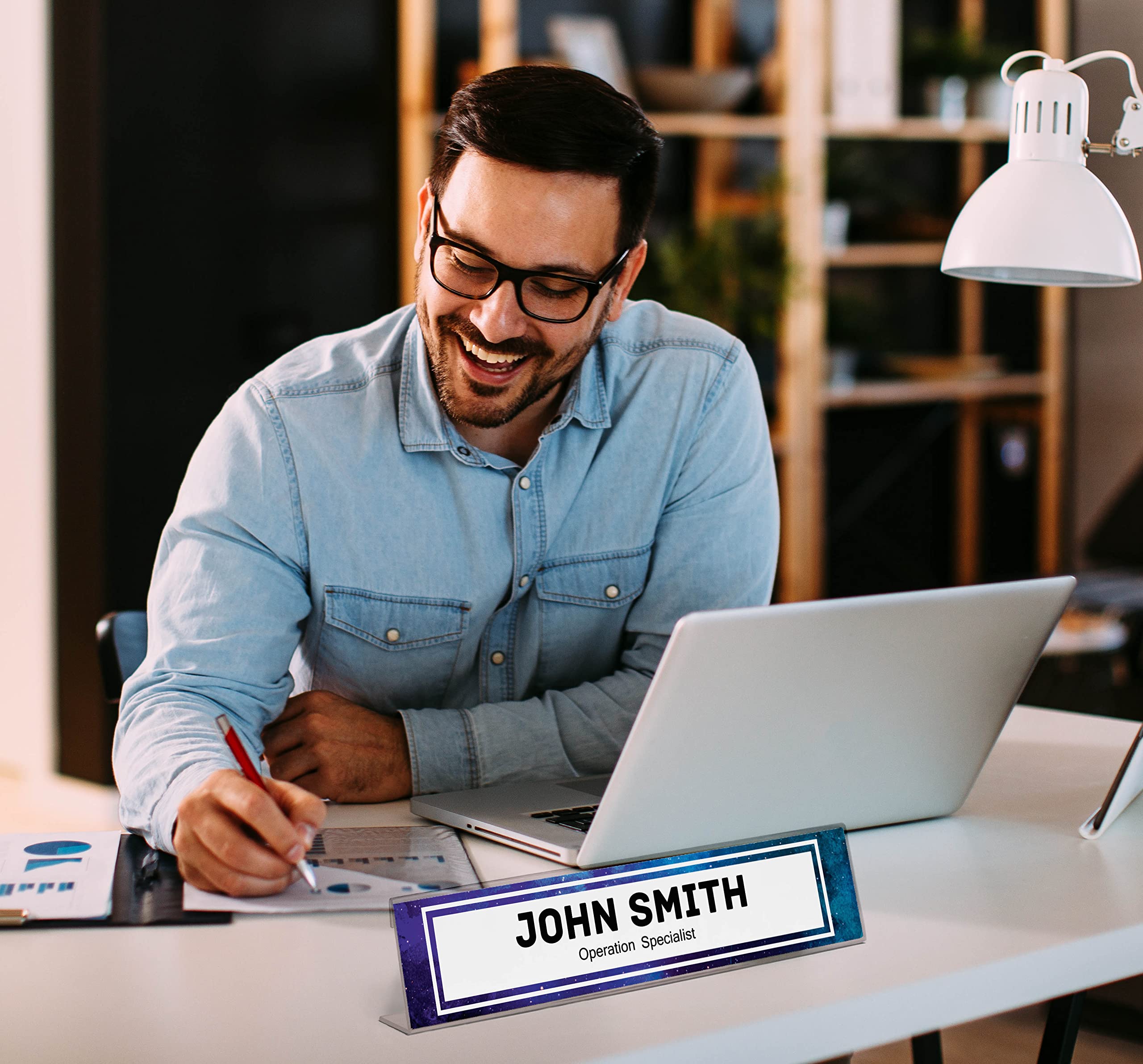 Custom Acrylic Office Desk Name Plate - Personalized 2x10 Inch Pretty Universe Design - Perfect for Office Decor, Workstation Organization & Professional Gifts
