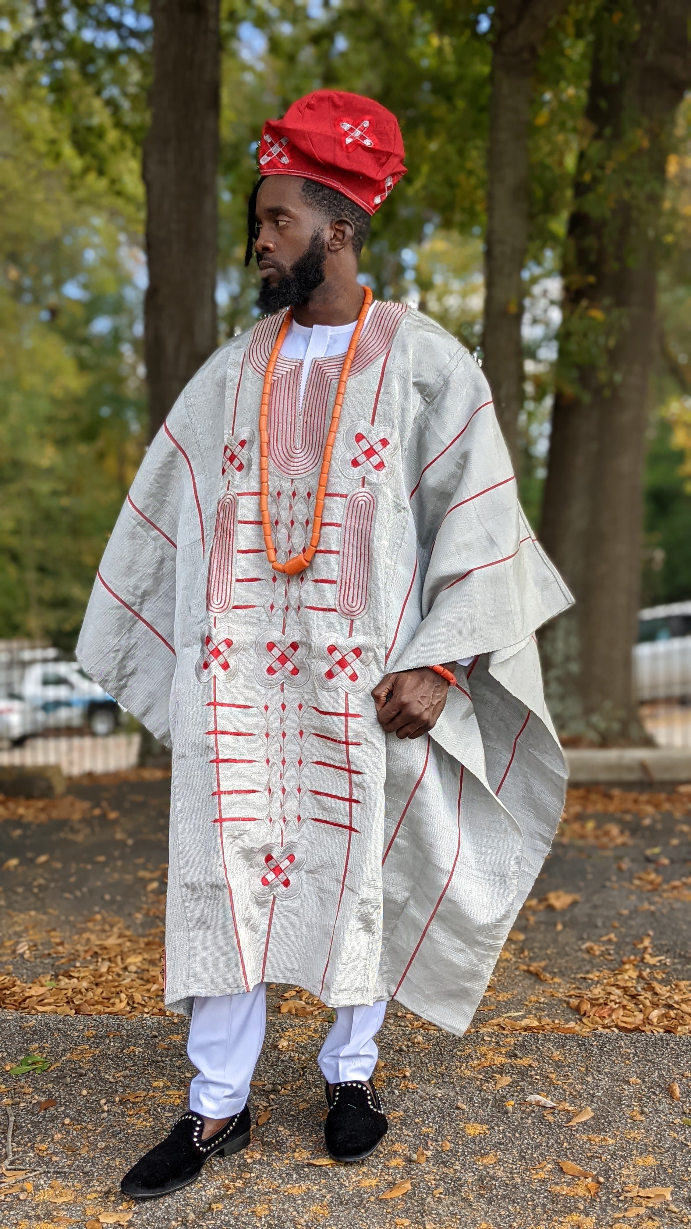 Elegant Grey and Red Aso Oke Grand Boubou African Agbada Robe for Men - Traditional Nigerian Wedding Attire & Special Occasion Outfit DPAGR20