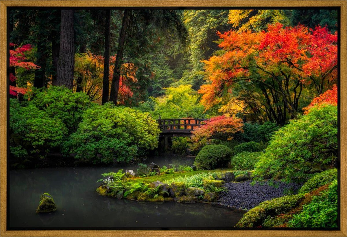 Hand-Painted Garden Bridge Landscape Canvas Wall Art - Stretched Gallery Wrap Ready to Hang - Perfect for Living Room, Bedroom & Office Decor