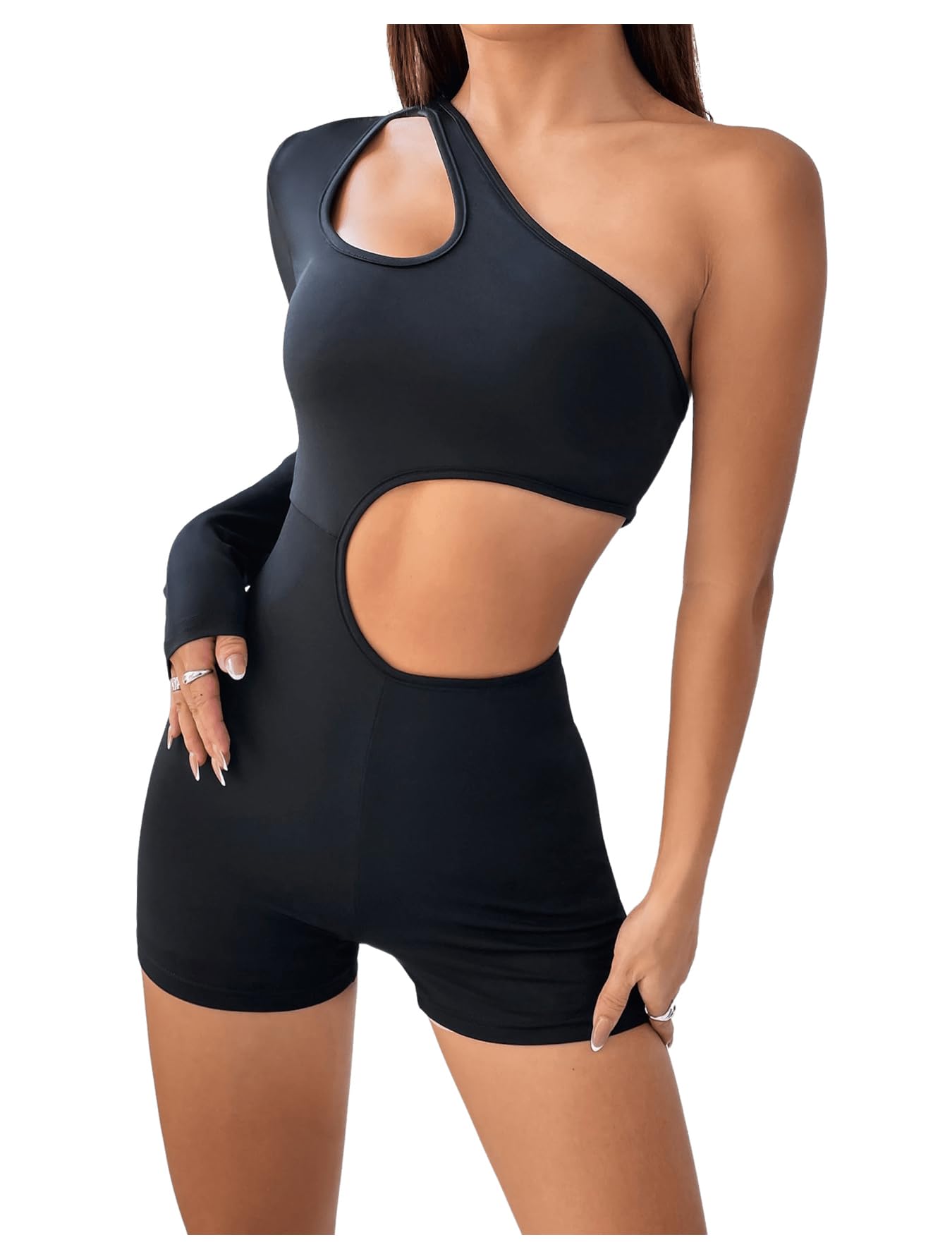 Floerns Women's One Shoulder Cut Out Long Sleeve Jumpsuit - Sexy Clubwear Bodysuit for Night Out, Party & Dance Performance
