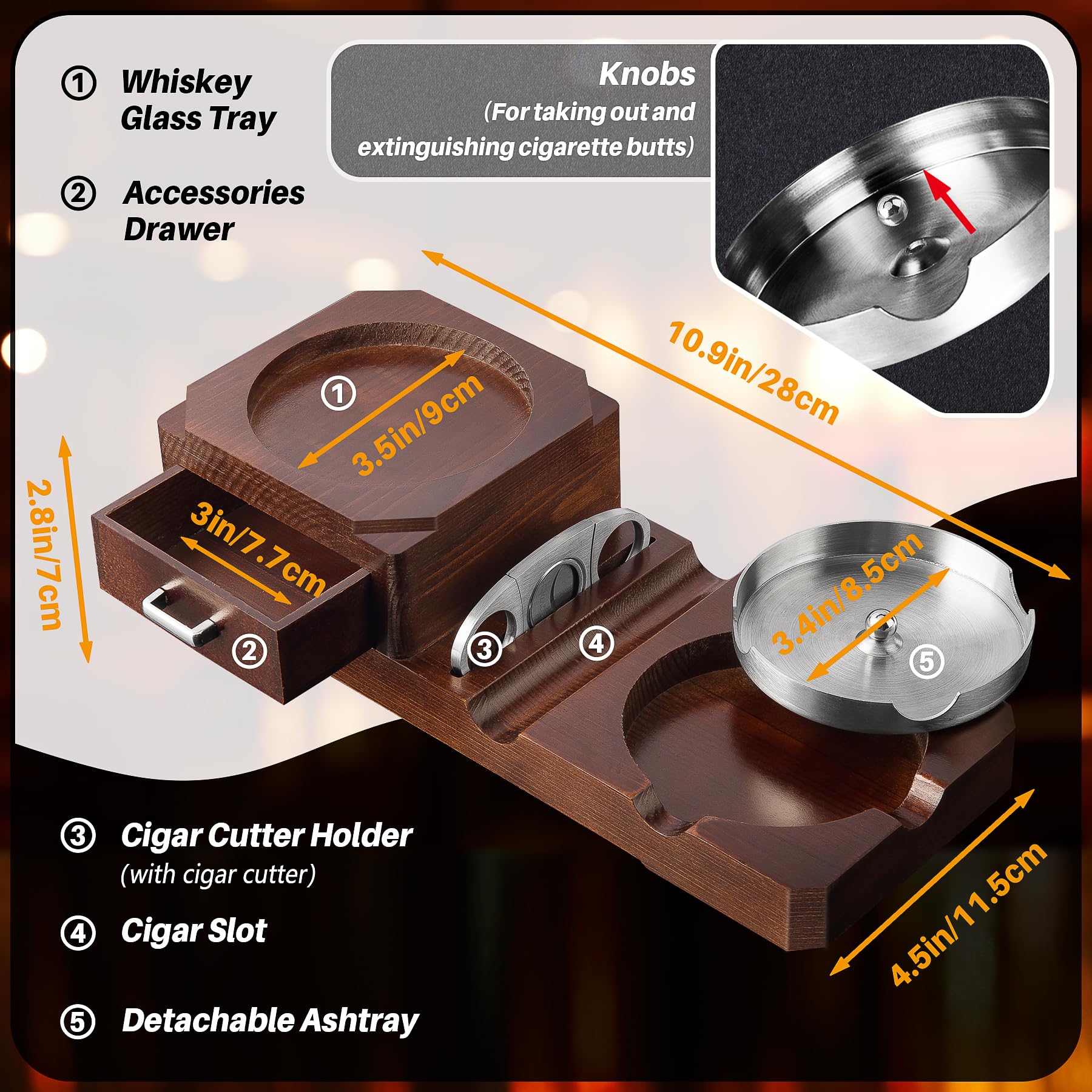 Premium Cigar Ashtray Set with Detachable Whiskey Glass Tray & Wooden Base - Outdoor Smoking Accessories for Cigars & Cigarettes - Includes Cigar Cutter - Perfect Home Office Decor & Unique Gift for Men - Ideal for Patio, Man Cave, and Smoking Lounges
