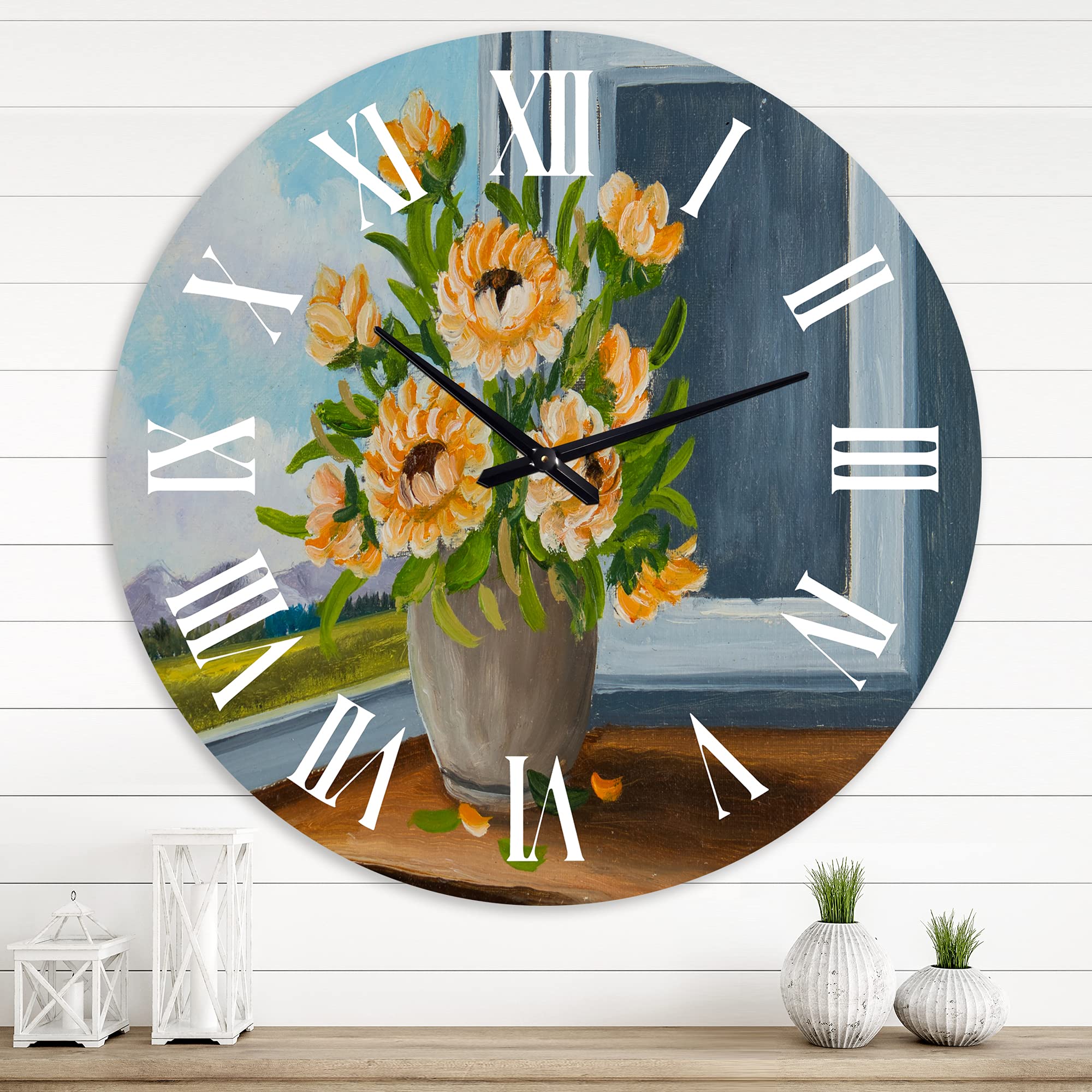 DesignQ Traditional Wall Clock 'Still Life with Orange Flowers at The Window' - Large Floral & Botanical Wall Clock for Living Room, Bedroom, Office Decor - Perfect for Home, Farmhouse & Vintage Style Interior Design