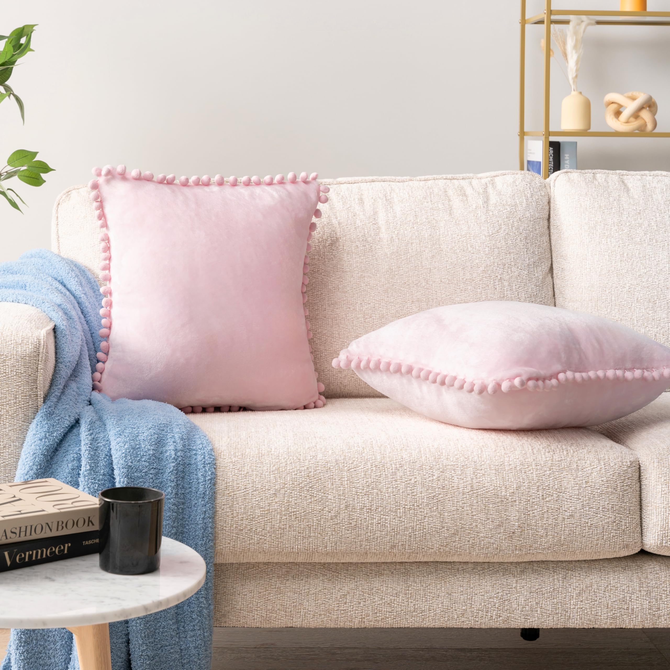 PAVILIA Light Pink Velvet Throw Pillow Covers 20x20 Inches Set of 2 - Soft Pom Pom Decorative Cushion Covers for Bed, Sofa & Couch - Luxury Euro Plush Pillow Cases for Bedroom Aesthetic & Home Decor