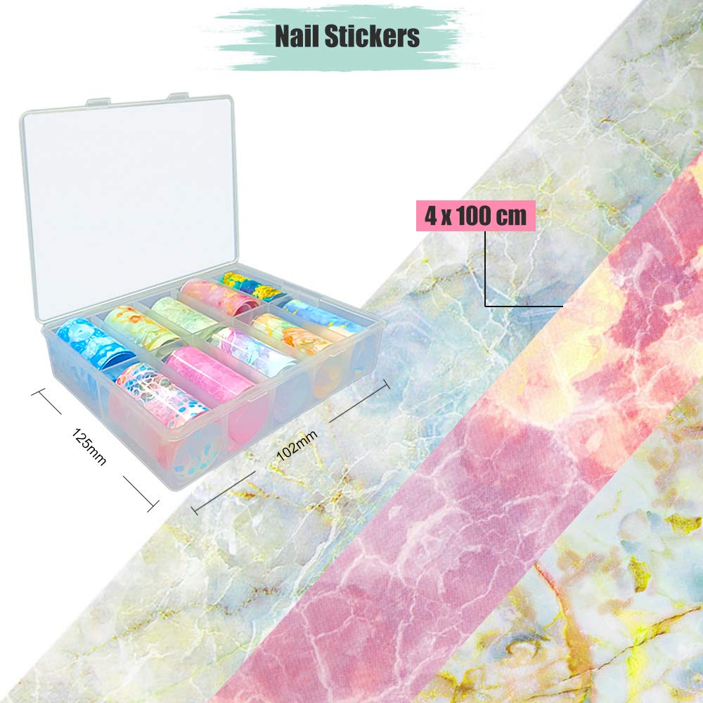 10 Sheets Marble Nail Foil Transfer Stickers - DIY Nail Art Decoration Kit (4x100cm) | Waterproof Nail Adhesive Decals for Home Salon, Party Manicure & Gift Ideas