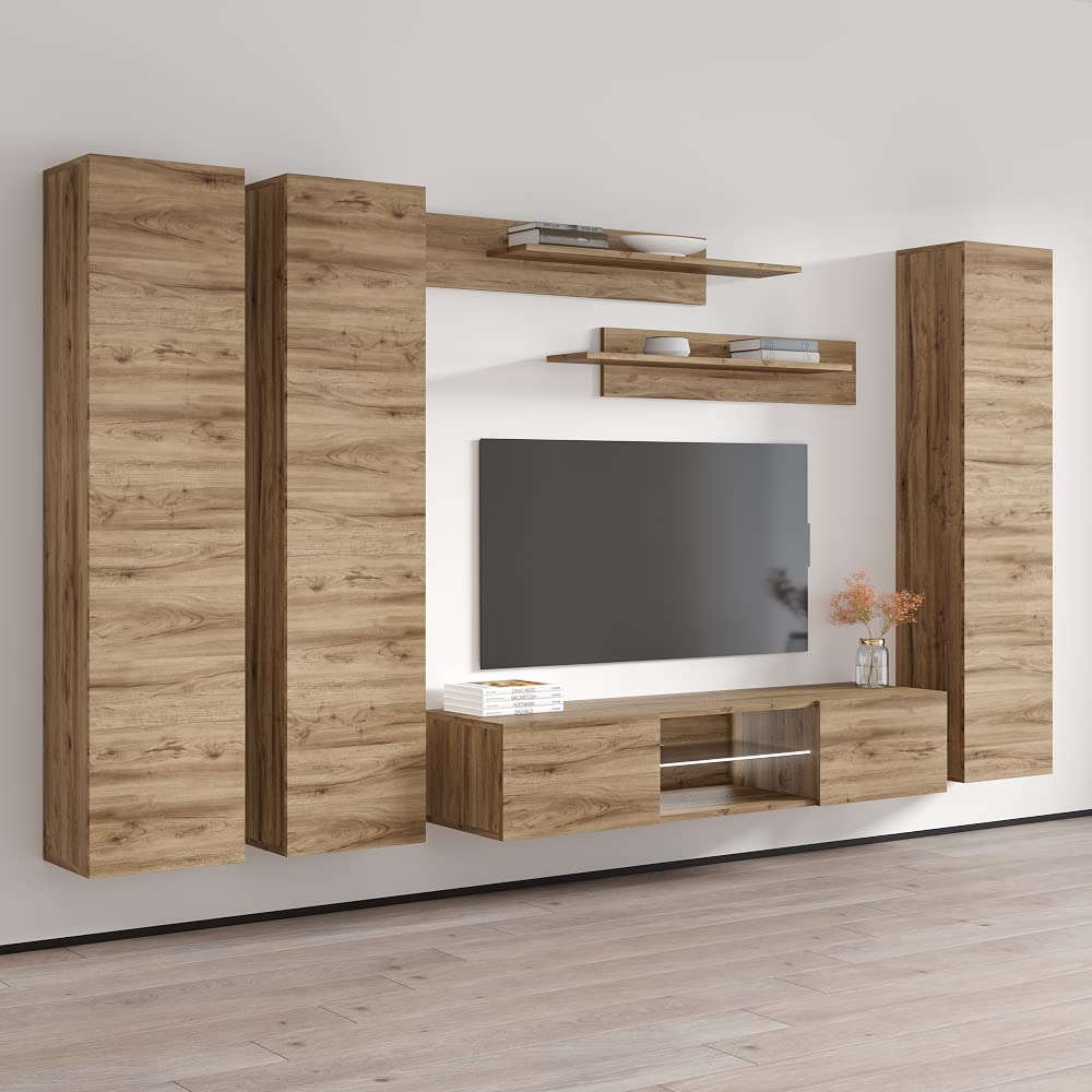 Modern Oak Wall-Mounted TV Stand with Storage Shelves & LED Lights - Floating Entertainment Center Console for Living Room & Bedroom - Space-Saving Media Storage Solution for TVs up to 33