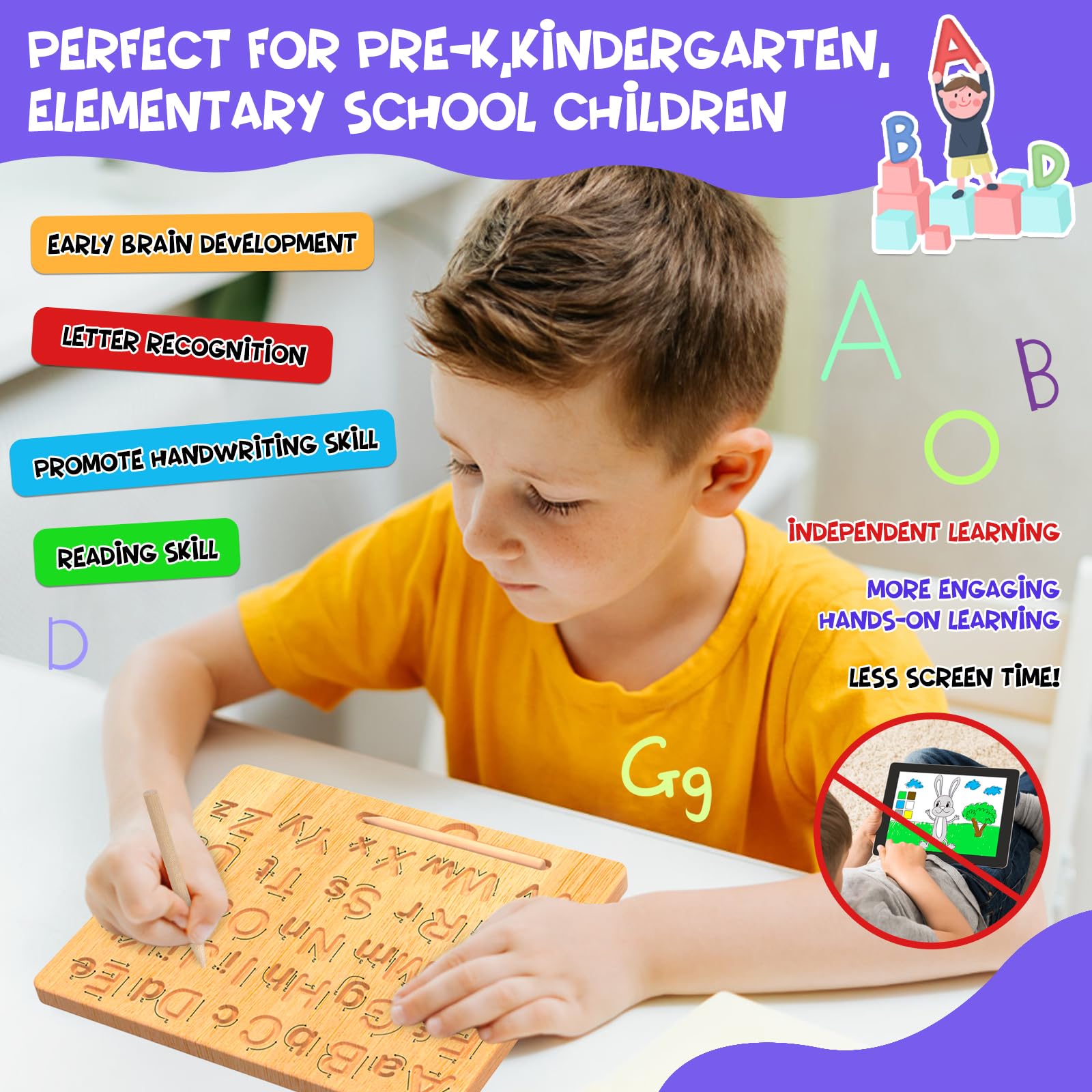 LOOIKOOS Wooden Alphabet Tracing Board - Double-Sided ABC Learning Toy for Kids 3-5 | Montessori Writing Practice & Fine Motor Skills
