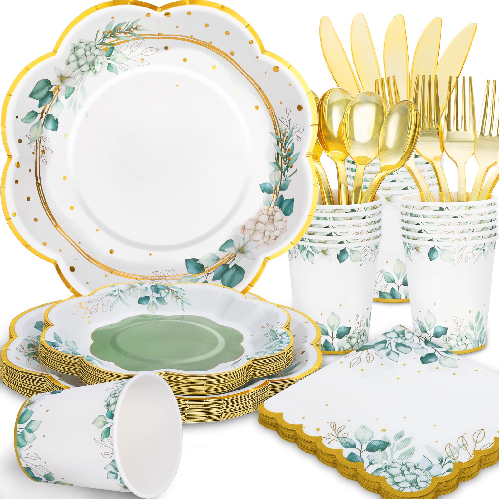 Sage Green Party Plates & Napkins Set - 24 Count Eco-Friendly Disposable Tableware for Birthday, Baby Shower, Bridal Shower, Wedding & Baptism - Elegant Garden Party Decorations & Dinnerware Supplies