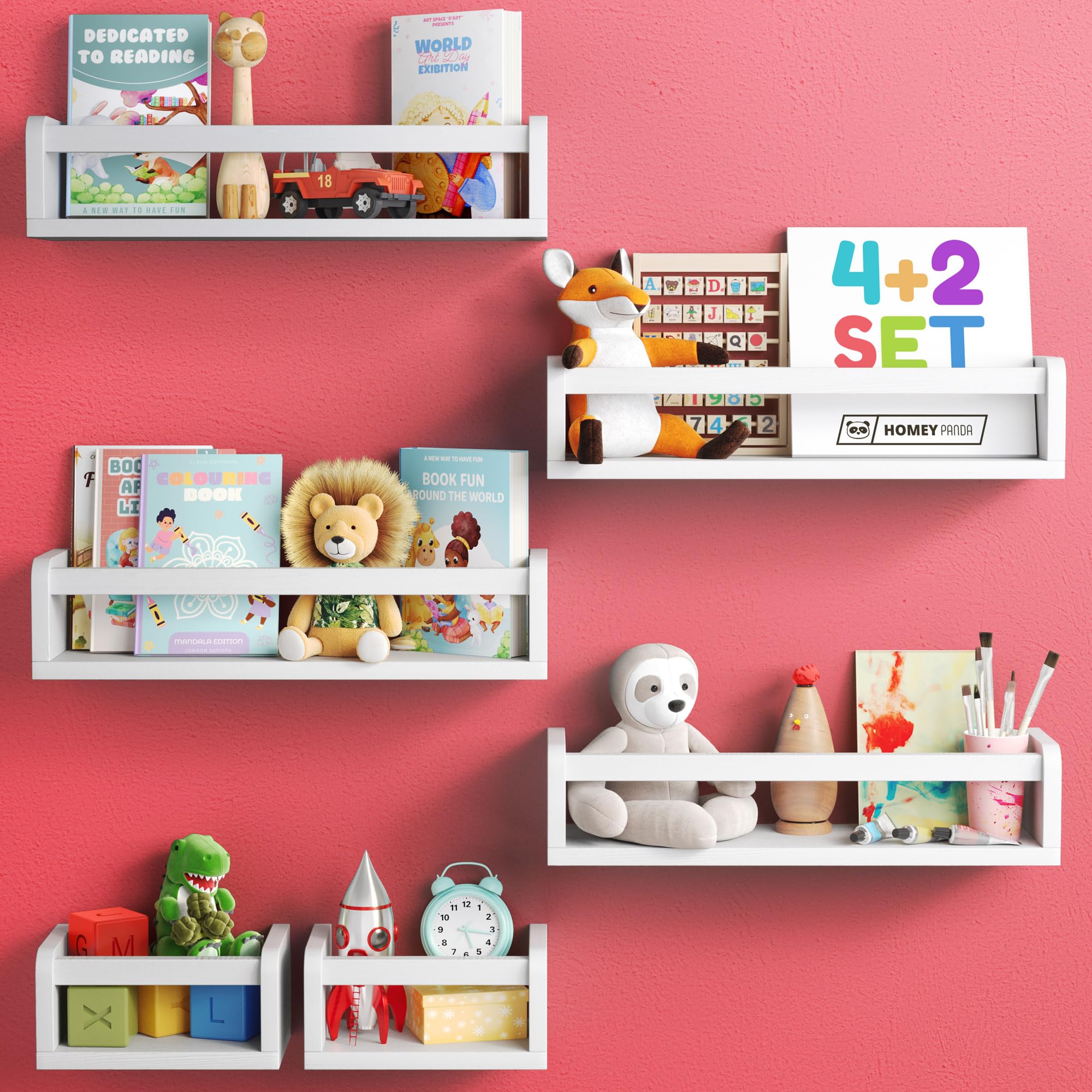 6-in-1 Floating Wall Bookshelf for Nursery - Solid Pine Wood Kids Bookshelves (4 Long + 2 Mini) - Perfect for Baby Room, Toy Storage & Book Display - White Nursery Shelf for Bedroom, Playroom & Daycare Organization
