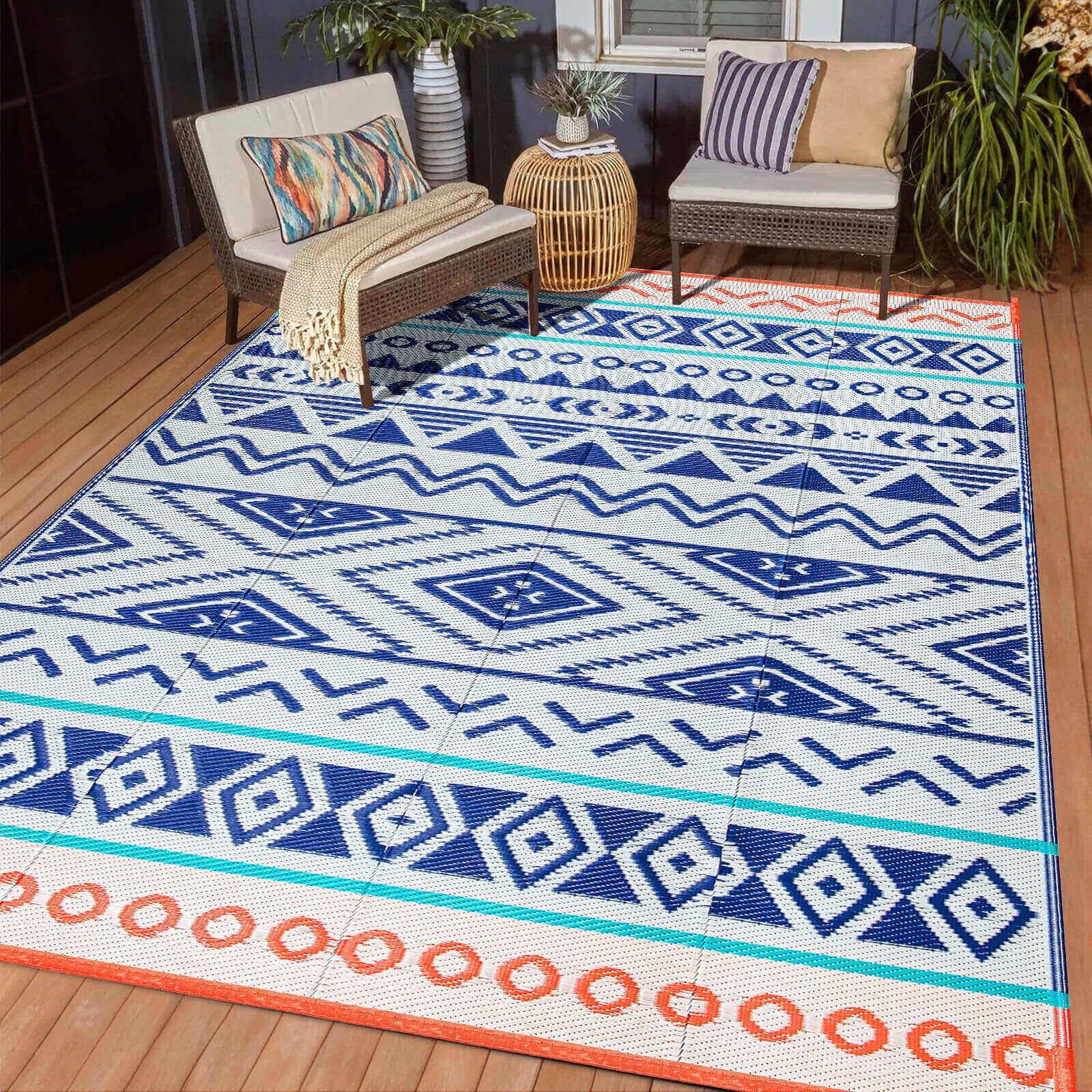 6'x9' Waterproof Outdoor Patio Rug - Durable Plastic Straw Camping Carpet for RV, Porch, Deck & Balcony | All-Weather, UV Resistant | Perfect for Camping, Backyard, Picnic & Outdoor Gatherings (Blue/Red)