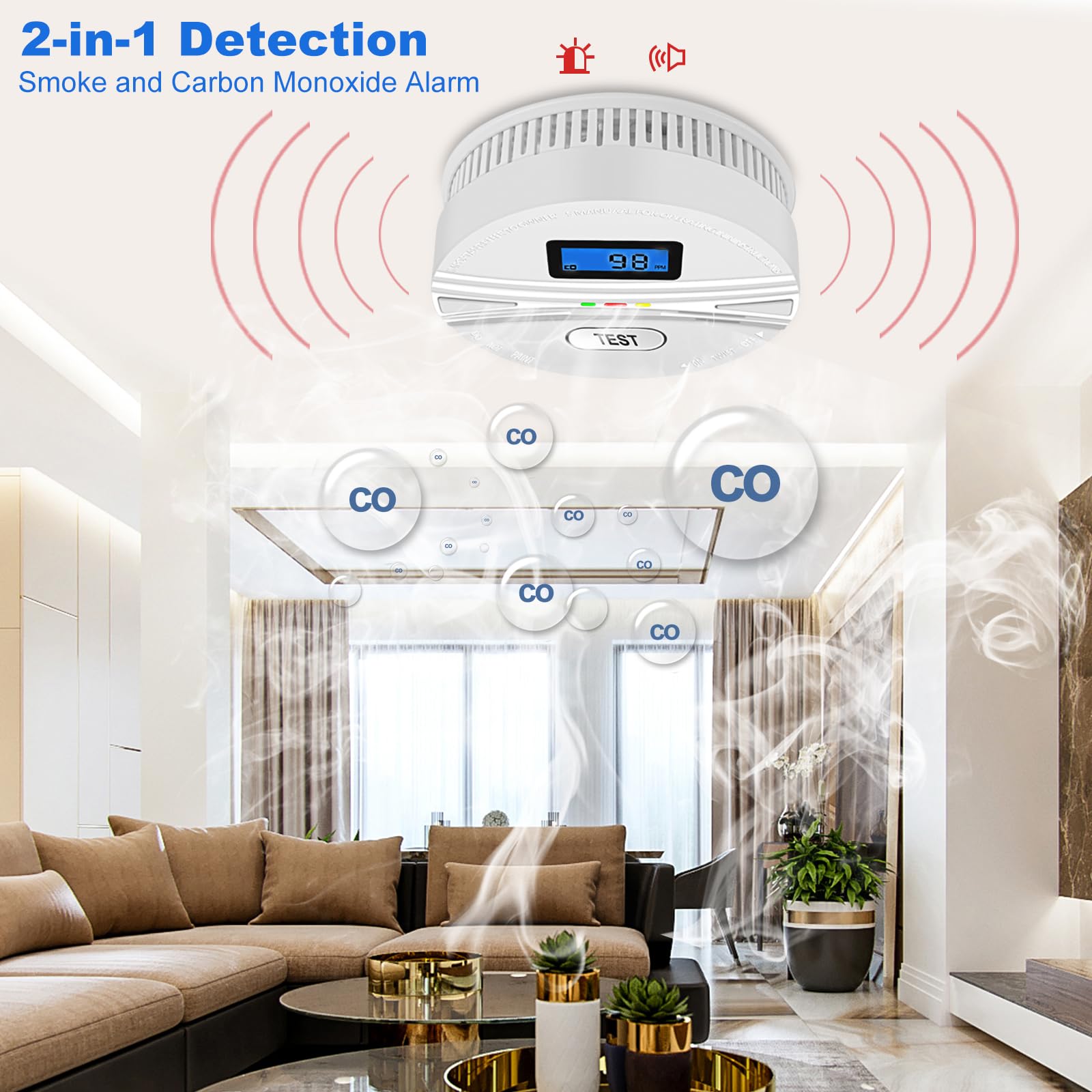 2 Pack Smoke and Carbon Monoxide Detector Combo with Digital Display & Test Button - Battery Included - Fire Alarm for Home, Kitchen, Bedroom & Office Safety Protection