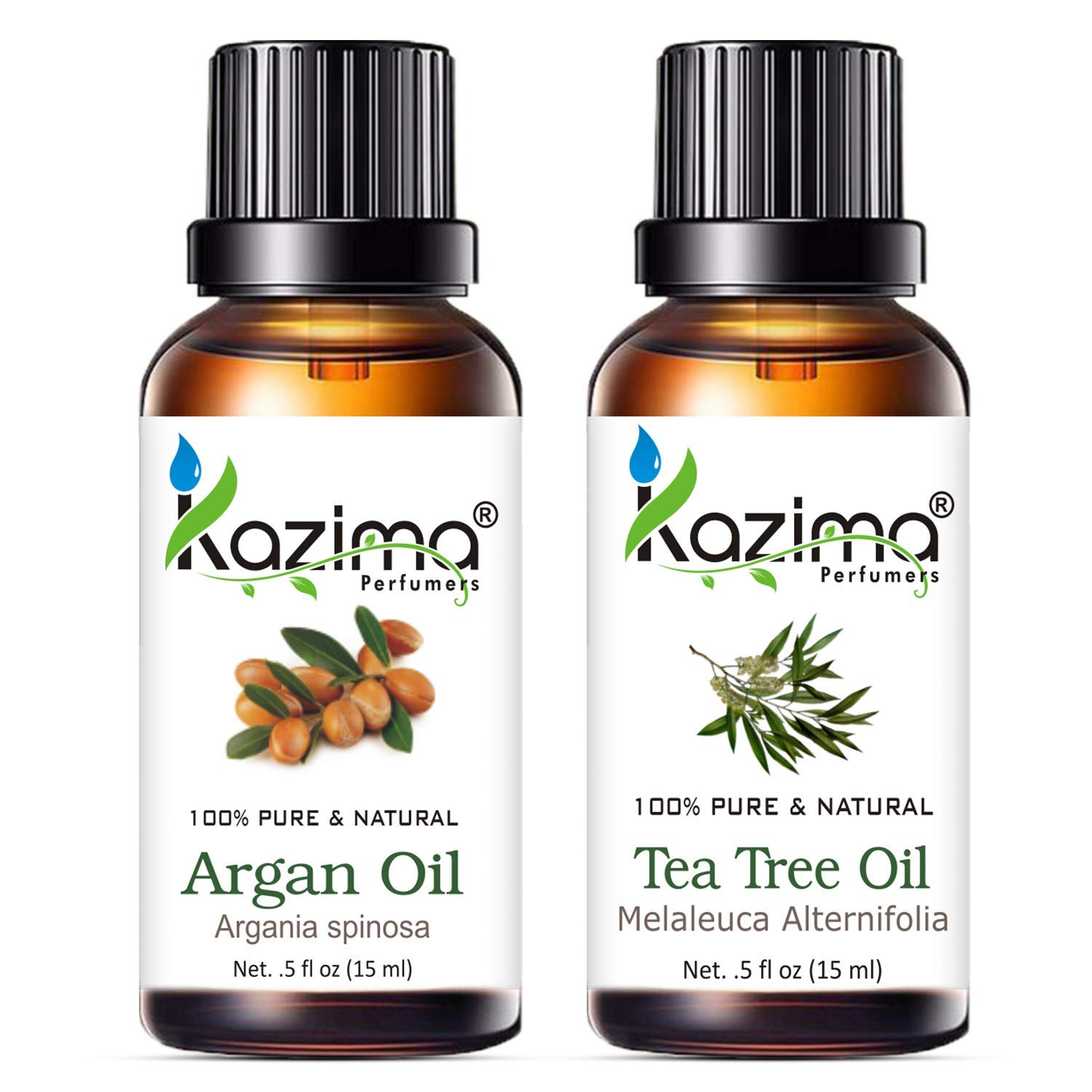 KAZIMA Moroccan Argan Oil & Tea Tree Oil Combo - 100% Pure Undiluted Essential Oils for Acne Treatment, Hair Growth, Dandruff Control, Scalp Care & Skin Moisturizer - 15ml Each - Perfect for Face, Hair & Body Care Routine