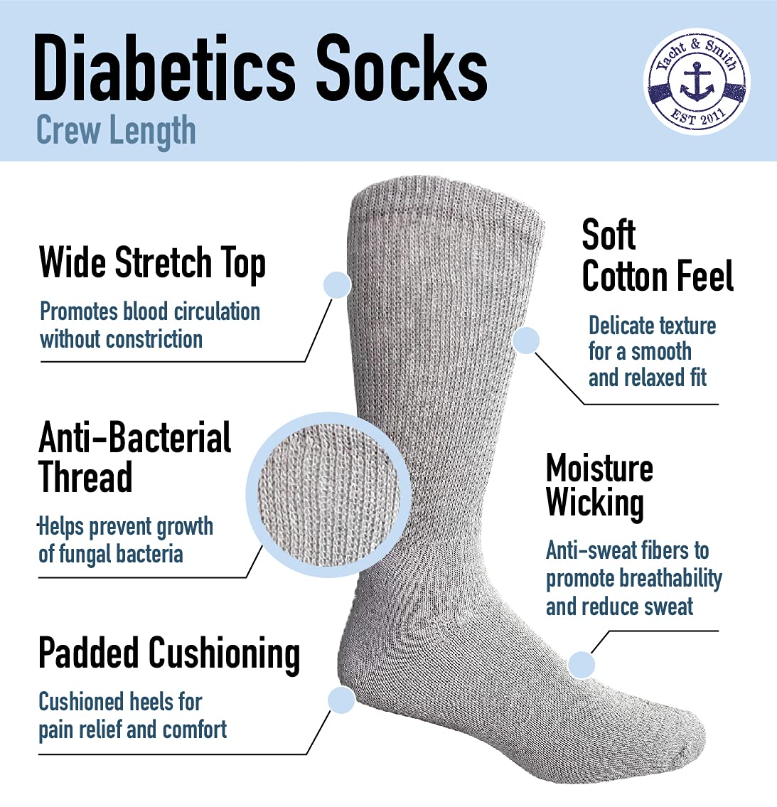 Yacht & Smith Wholesale Bulk Cotton Diabetic Socks - Crew & Ankle Length, Loose Fit Non-Binding Medical Socks for Men & Women - Perfect for Diabetes, Circulation Issues, and Everyday Comfort