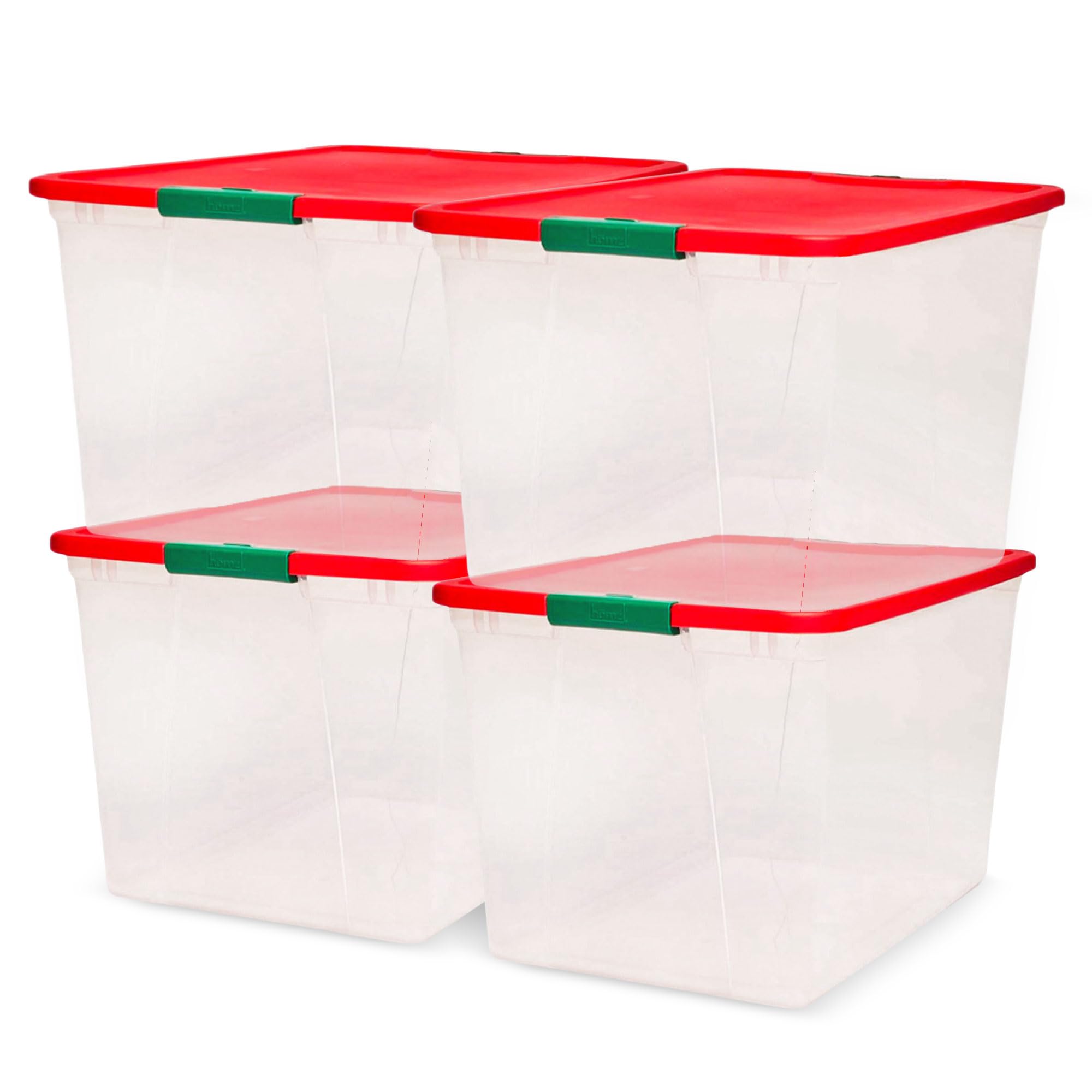 HOMZ 4-Pack 64 Quart Clear Plastic Storage Bins with Secure Red Lids - Stackable Organizer Containers for Home, Office, Garage & Closet Organization
