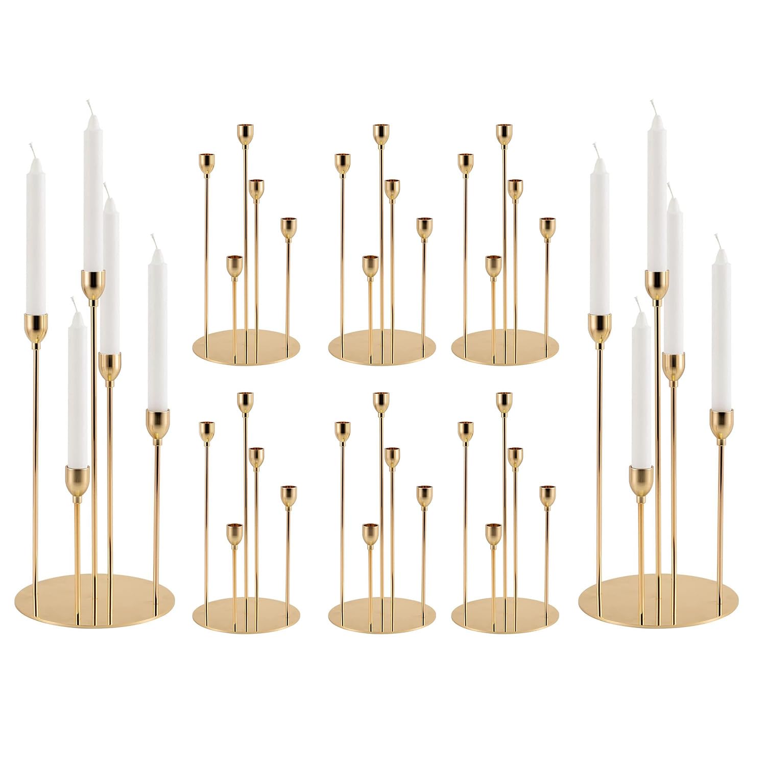 VINCIGANT 8-Piece Gold Taper Candle Holder Set - Elegant 5-Arm Metal Candelabra for Halloween, Weddings & Parties - Fits 0.78