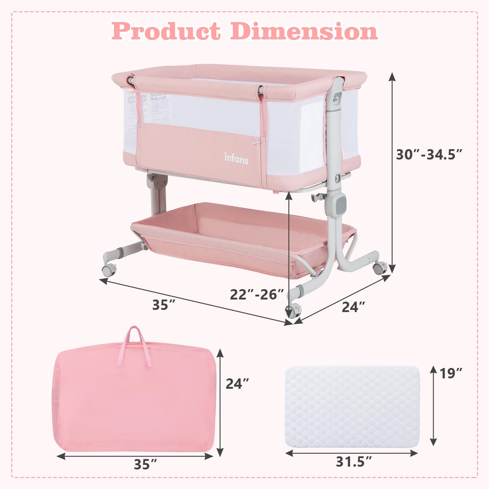 INFANS 3-in-1 Baby Bassinet & Bedside Sleeper with Comfortable Mattress, 6 Adjustable Heights, Wheels, Storage Basket & Travel Bag - Portable Mesh Crib for Newborns & Infants (Pink) | Perfect for Nursery, Bedroom & Travel Use