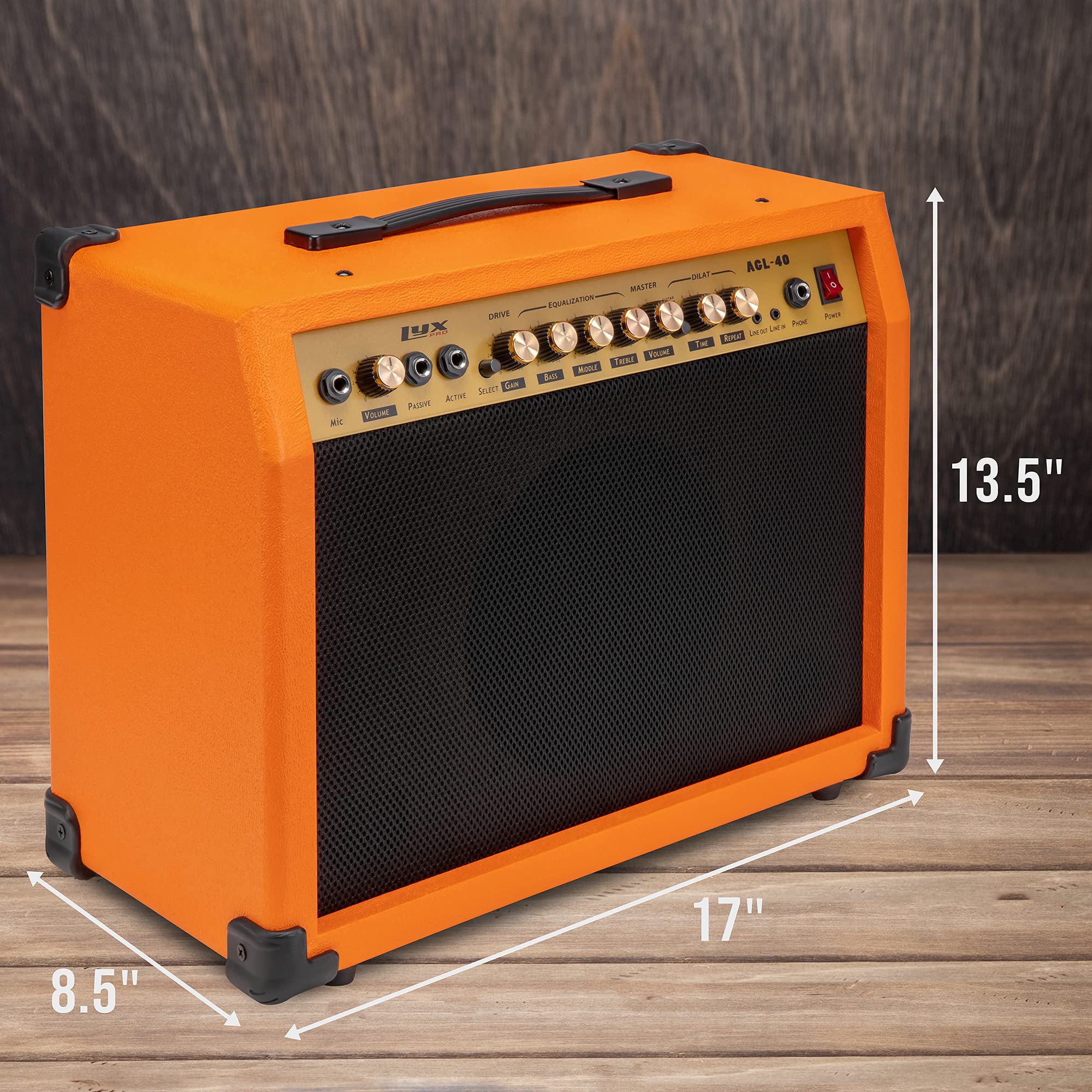 LyxPro 40 Watt Electric Guitar Amplifier | Solid State Studio Amp with 8” 4-Ohm Speaker, Custom EQ Controls, Drive, Delay, ¼” Passive/Active/Microphone Inputs, Aux in & Headphone Jack - Sunburst | Perfect for Home Practice, Studio Recording & Live Performances