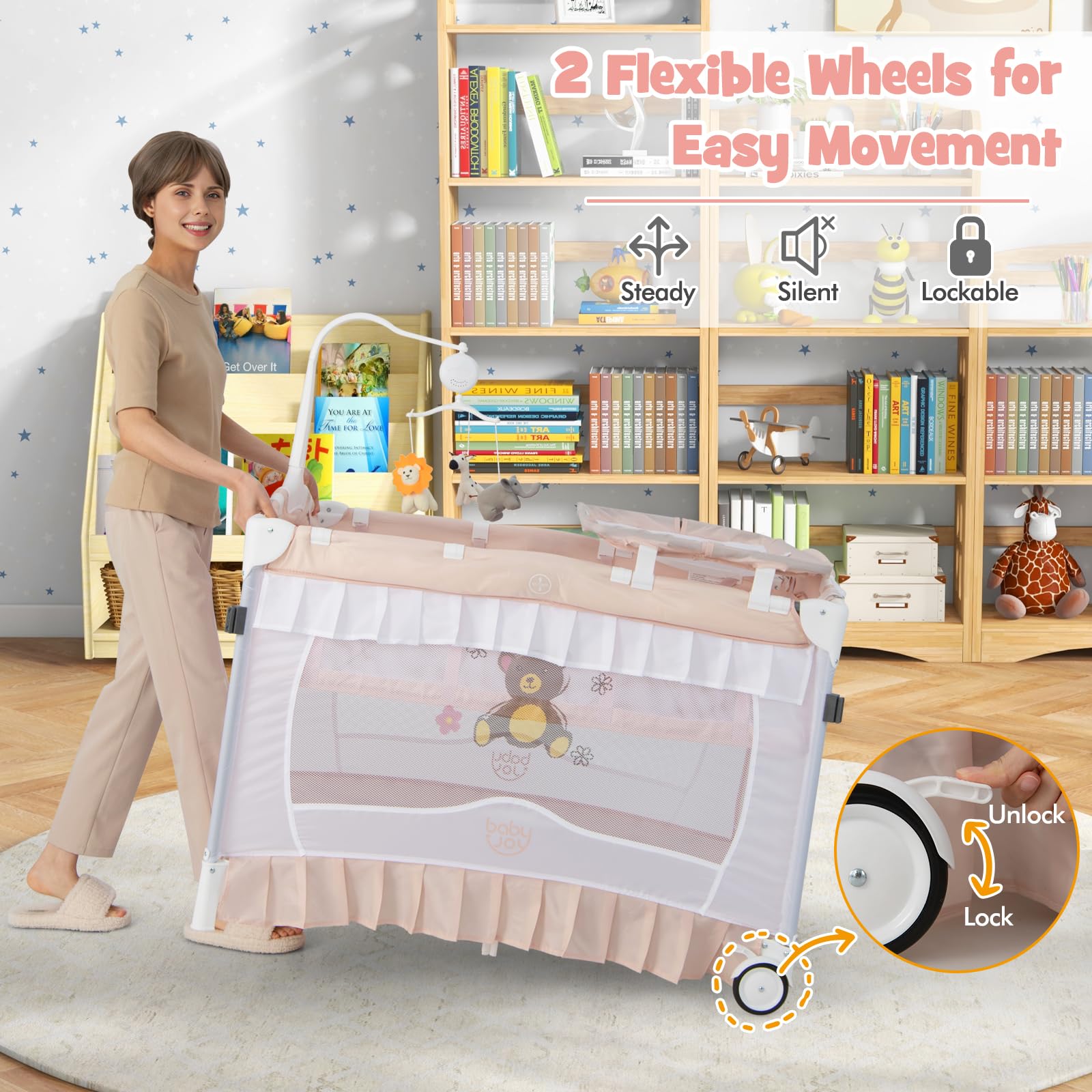 BABY JOY 4-in-1 Portable Playard with Canopy & Bassinet - Foldable Baby Crib with Wheels & Brake for Newborn to Toddler - Perfect for Travel, Nursery & Playtime (Pink)