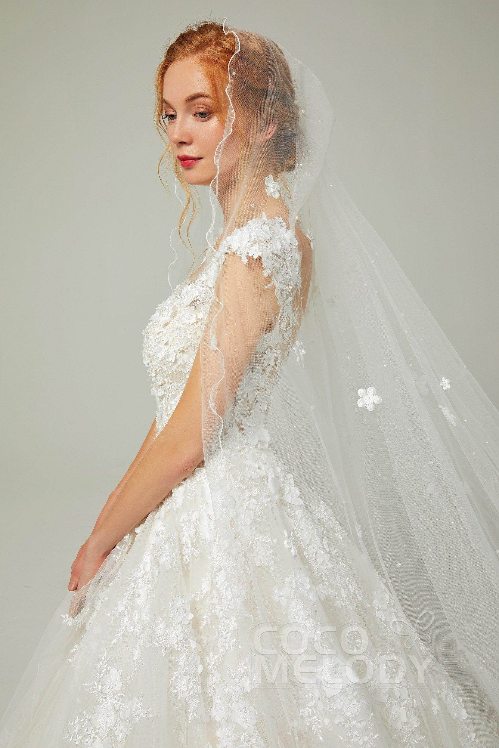 Elegant One-Tier Cut Edge Tulle Chapel Veil with Flower Pearls - Perfect for Weddings, Bridal Showers & Formal Events (AV18018)