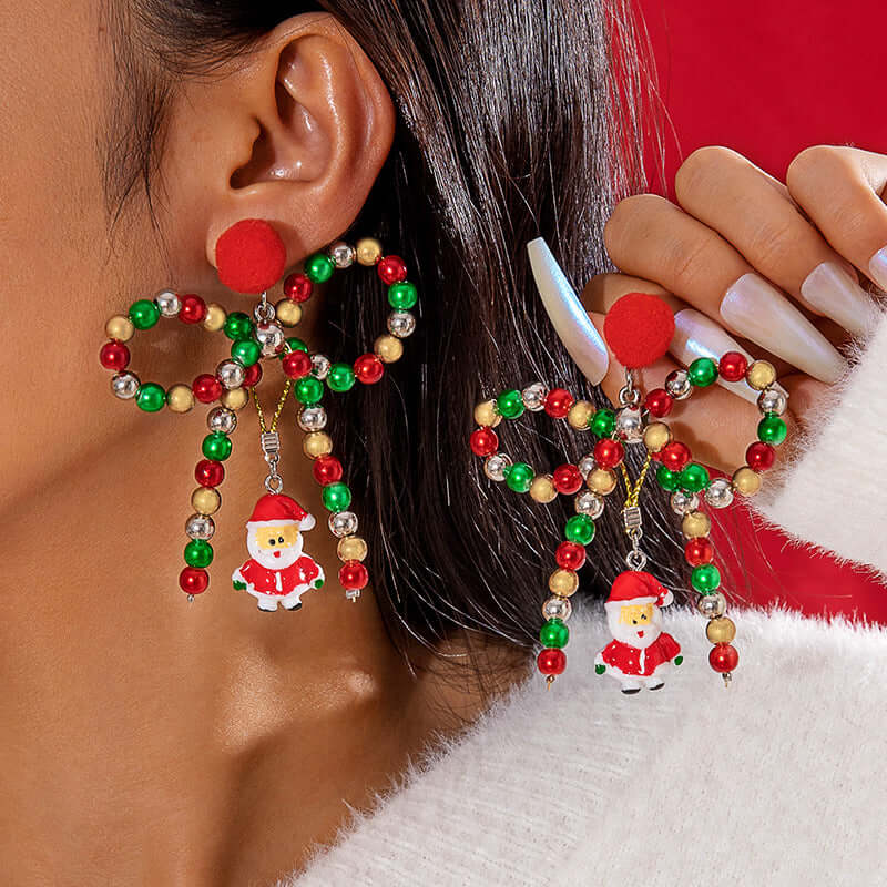 Festive Christmas Santa Claus Drop Earrings with Knit Ball & Huge Bow – Perfect for Holiday Parties, Gift Exchanges & Seasonal Celebrations (Style E7729)