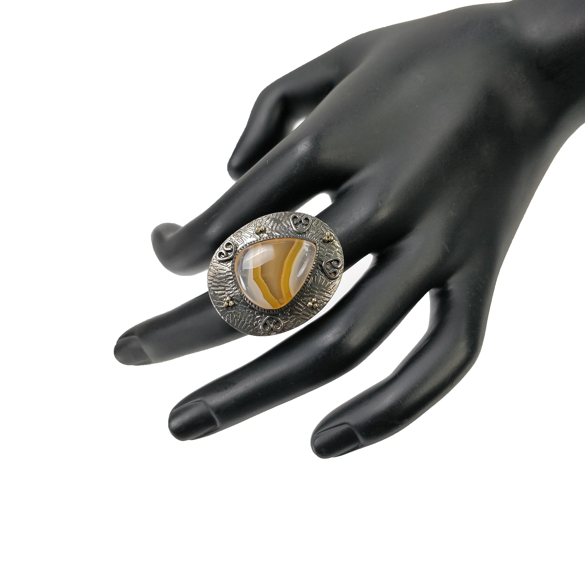 925 Sterling Silver Botswana Agate Ring - Oval Cabochon Bezel Set Victorian Style Unisex Jewelry (Size 6.5 US) | Perfect for Wedding, Anniversary Gifts & Boho Fashion Statement