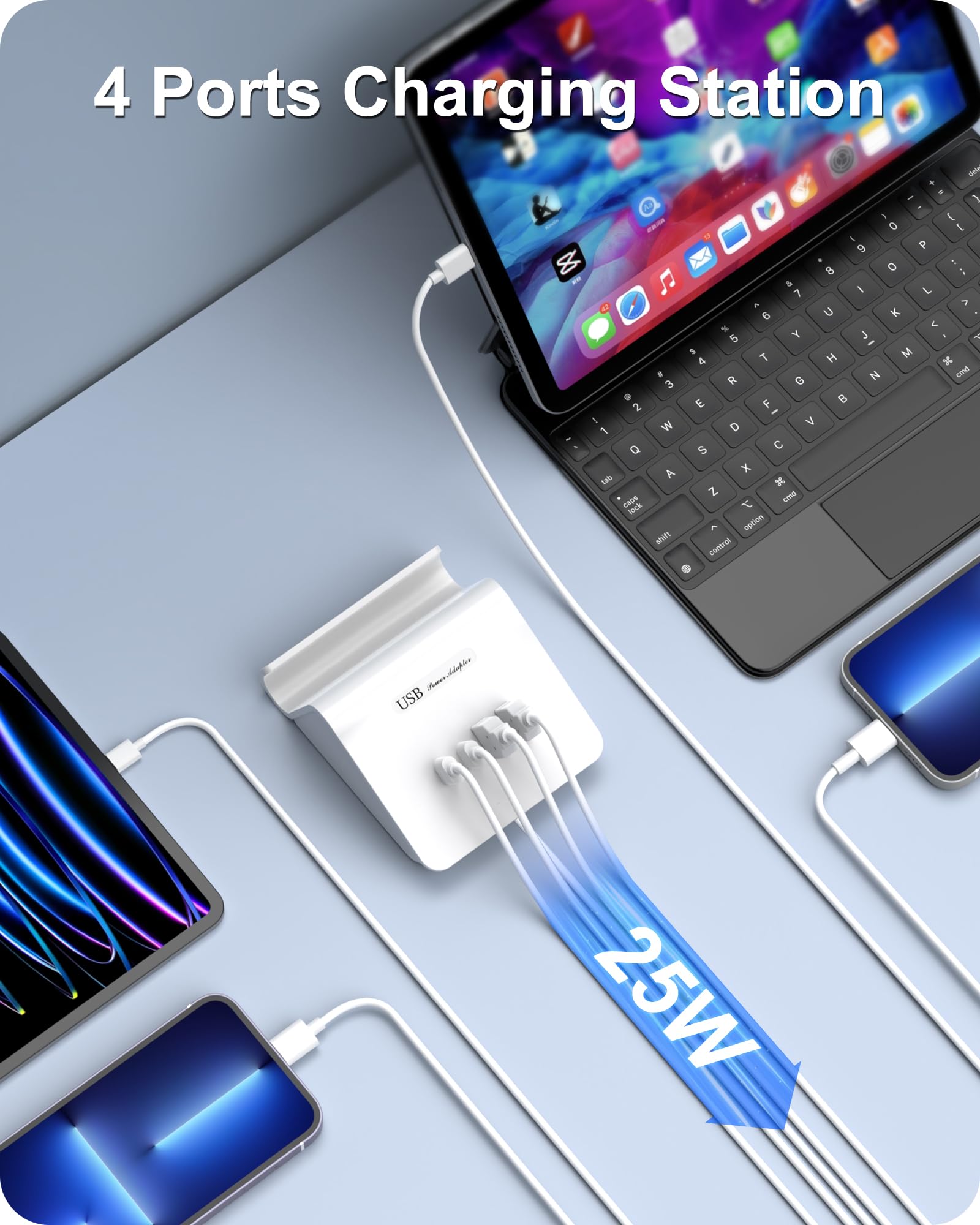 25W Fast USB C Charger Block - 4 Port Multiple USB Charging Station with 2 USB-A & 2 USB-C Ports - Compatible with iPhone 14/13/12, Samsung Galaxy S23/S22/S21 - Perfect for Home, Office & Travel (White)