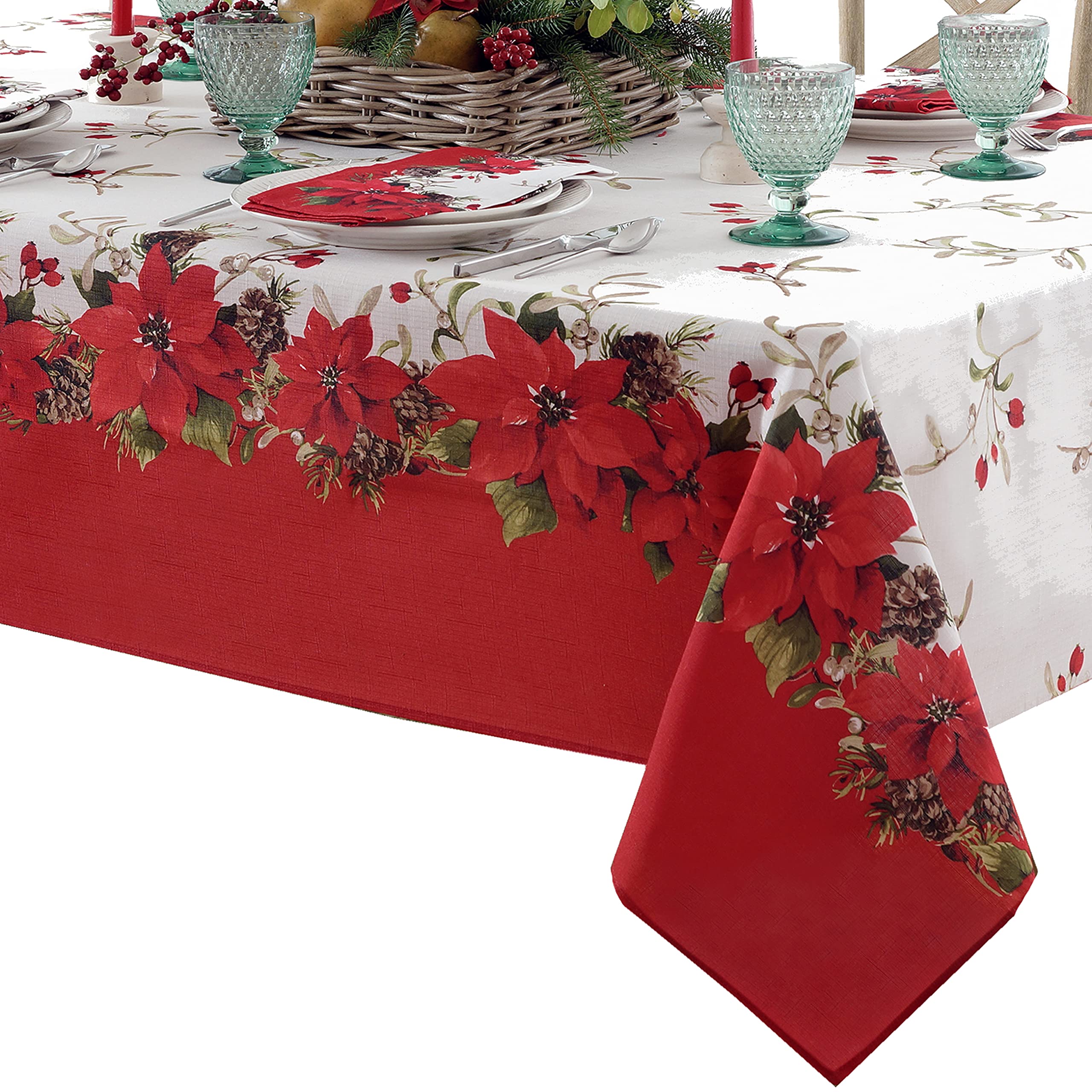 Premium Christmas Poinsettia Double Bordered Fabric Napkins Set of 8 - Holiday Red & White Floral Dining Napkins for Festive Table Decor, Dinner Parties & Seasonal Celebrations