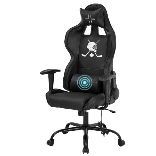 Ergonomic Gaming Chair - Adjustable PU Leather PC Office Desk Chair with Headrest, Lumbar Support & Massage for Men - Black - Perfect for Esports, Racing & Long Work Sessions