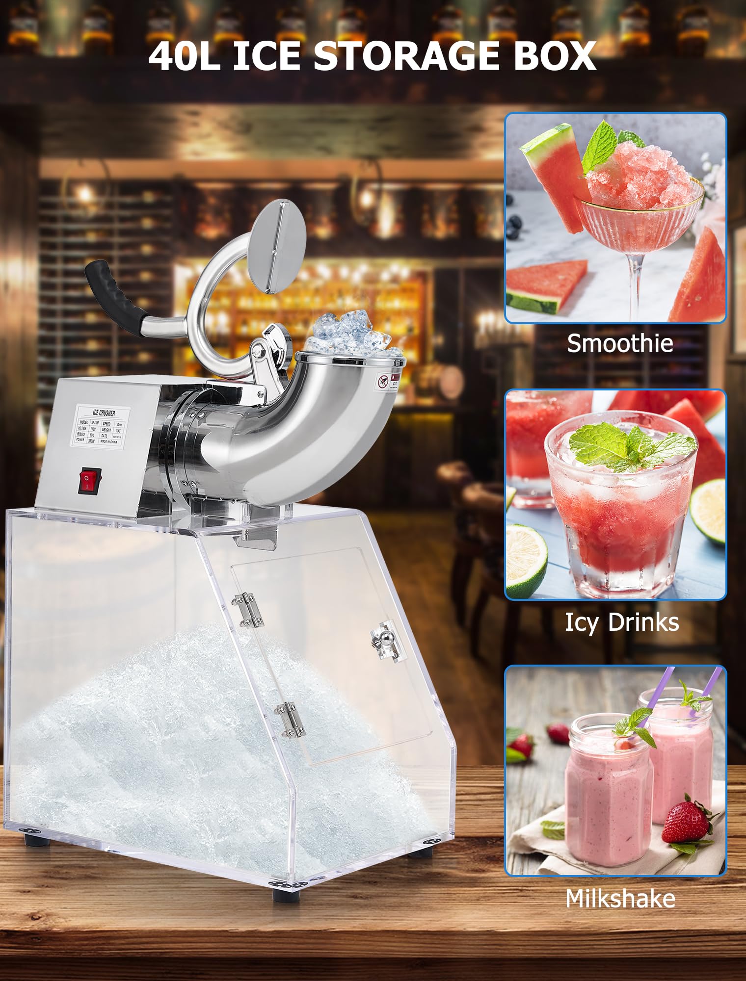 350W Commercial Ice Crusher Machine with Acrylic Case & Stainless Steel Dual Blades - Heavy Duty Safety Switch for Home Bars, Restaurants, and Smoothie Shops - Perfect for Cocktails, Slushies, and Frozen Drinks