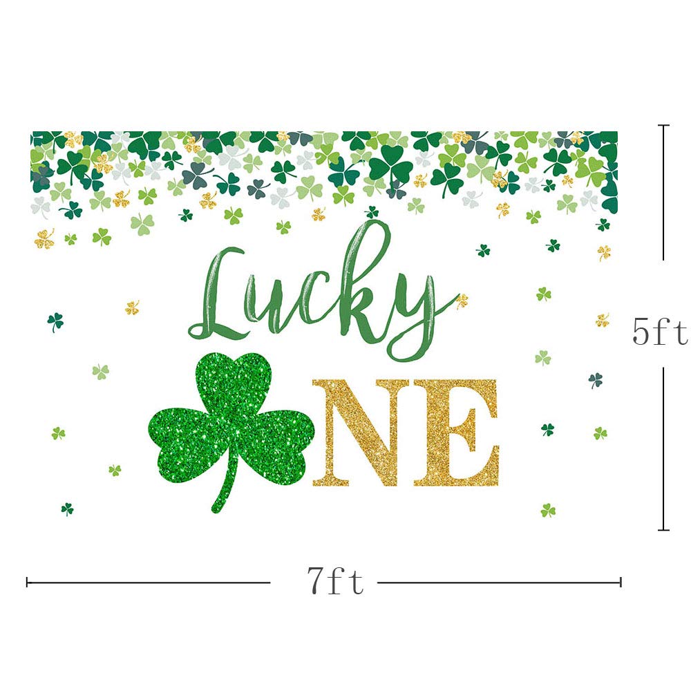 MEHOFOND 7x5ft St. Patrick's Day Happy First Birthday Party Backdrop - Green & Gold Shamrock Irish Decorations for Photography, Cake Smash, Baby Shower & Spring March Celebrations - Lucky One Banner Photo Background Props