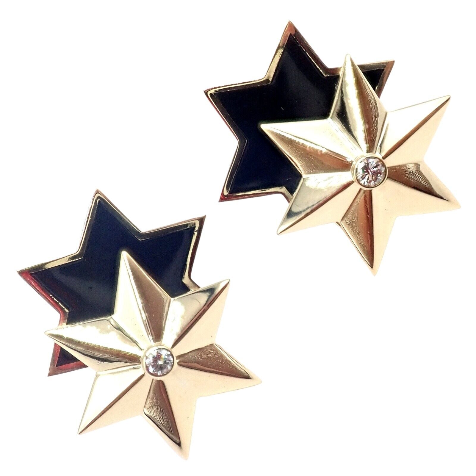 Authentic Verdura 18k Yellow Gold Diamond Black Enamel Double Star Earrings - Luxury Jewelry for Evening Gala & Special Occasions