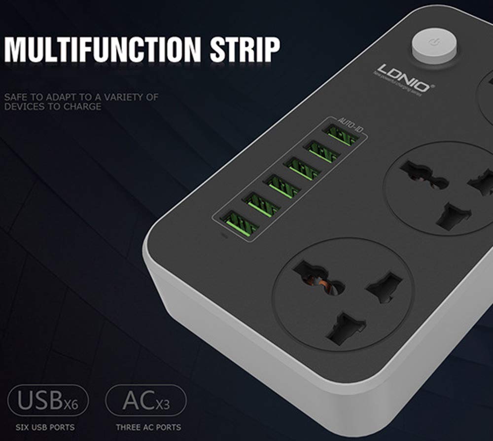 Universal Power Strip with 3 Outlets & 6 USB Ports - 2m Extension Cord with EU Plug for Home, Office & Travel Charging Multiple Devices Simultaneously