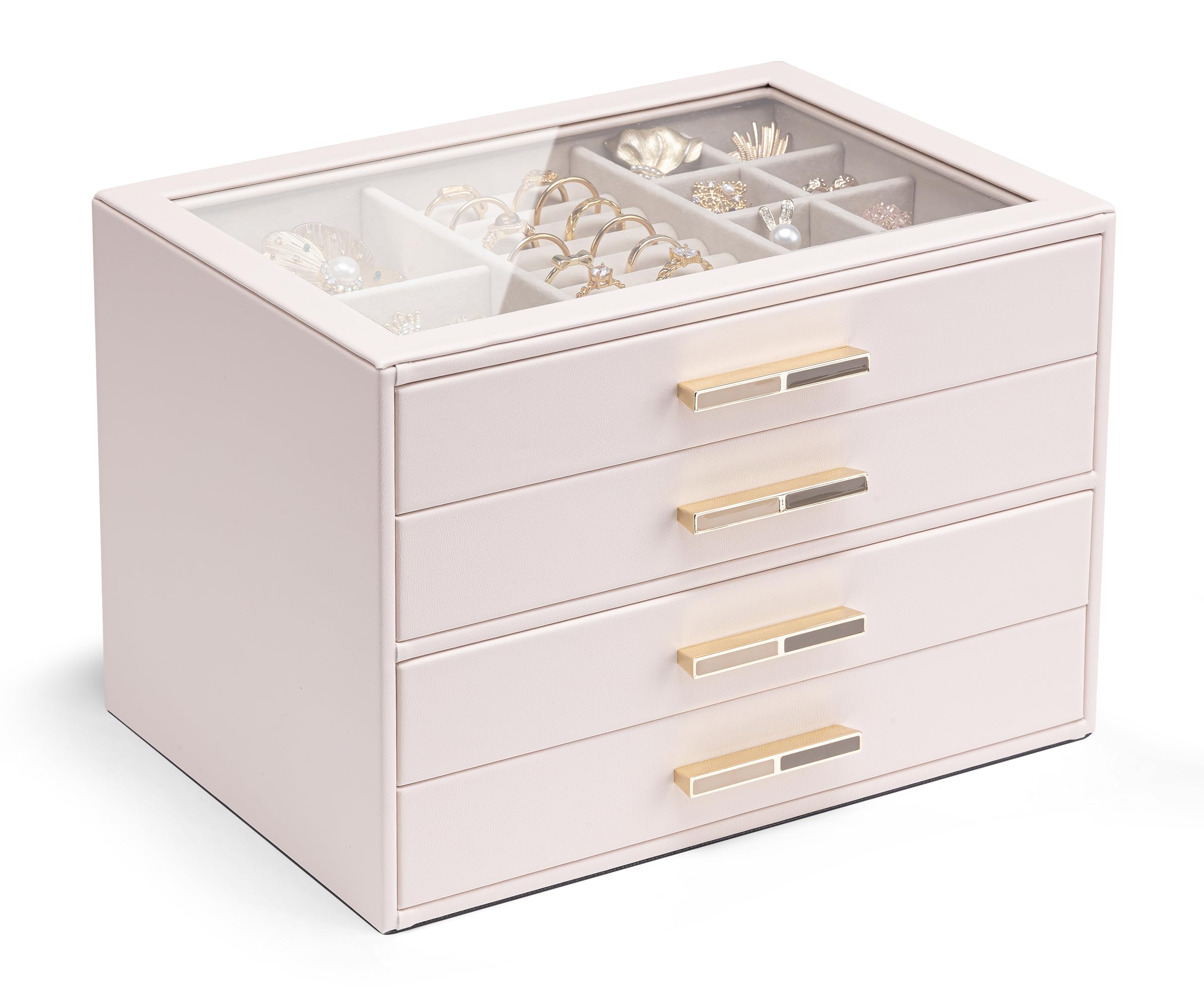 Vlando 4-Layer Jewelry Organizer Box with Glass Lid - Pink Storage Case for Necklaces, Rings, Earrings & Bracelets | Perfect for Women's Bedroom Vanity, Travel & Gift Giving