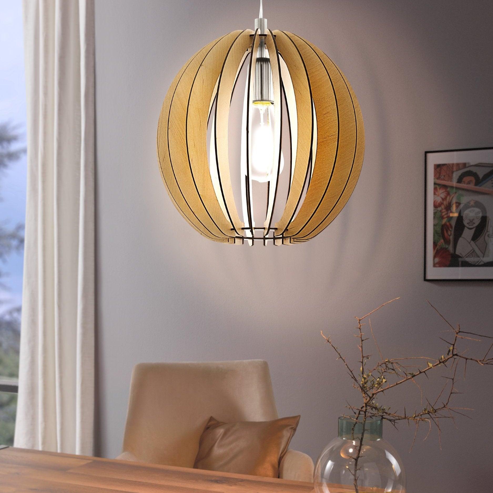 Eglo Cossano 30cm Round Wood Slat Ceiling Pendant Light - Modern Scandinavian Style for Dining Room, Kitchen Island or Bedroom Lighting