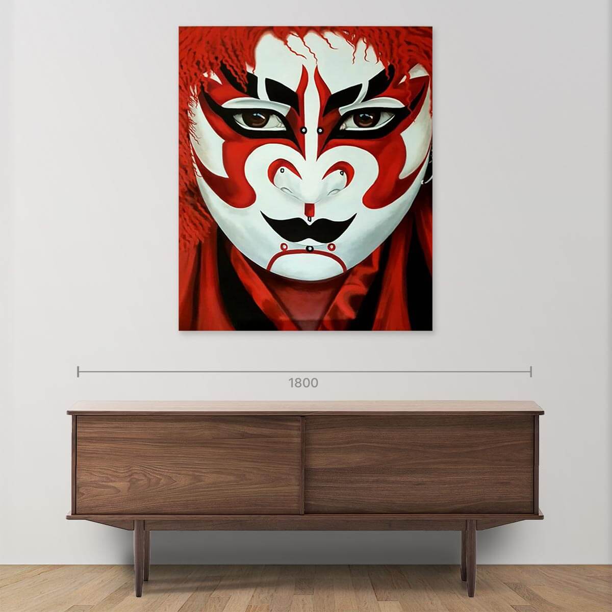 Japanese Kabuki Mask Oil Painting on Canvas - Oriental Art Decor for Home, Office & Theater Backdrops