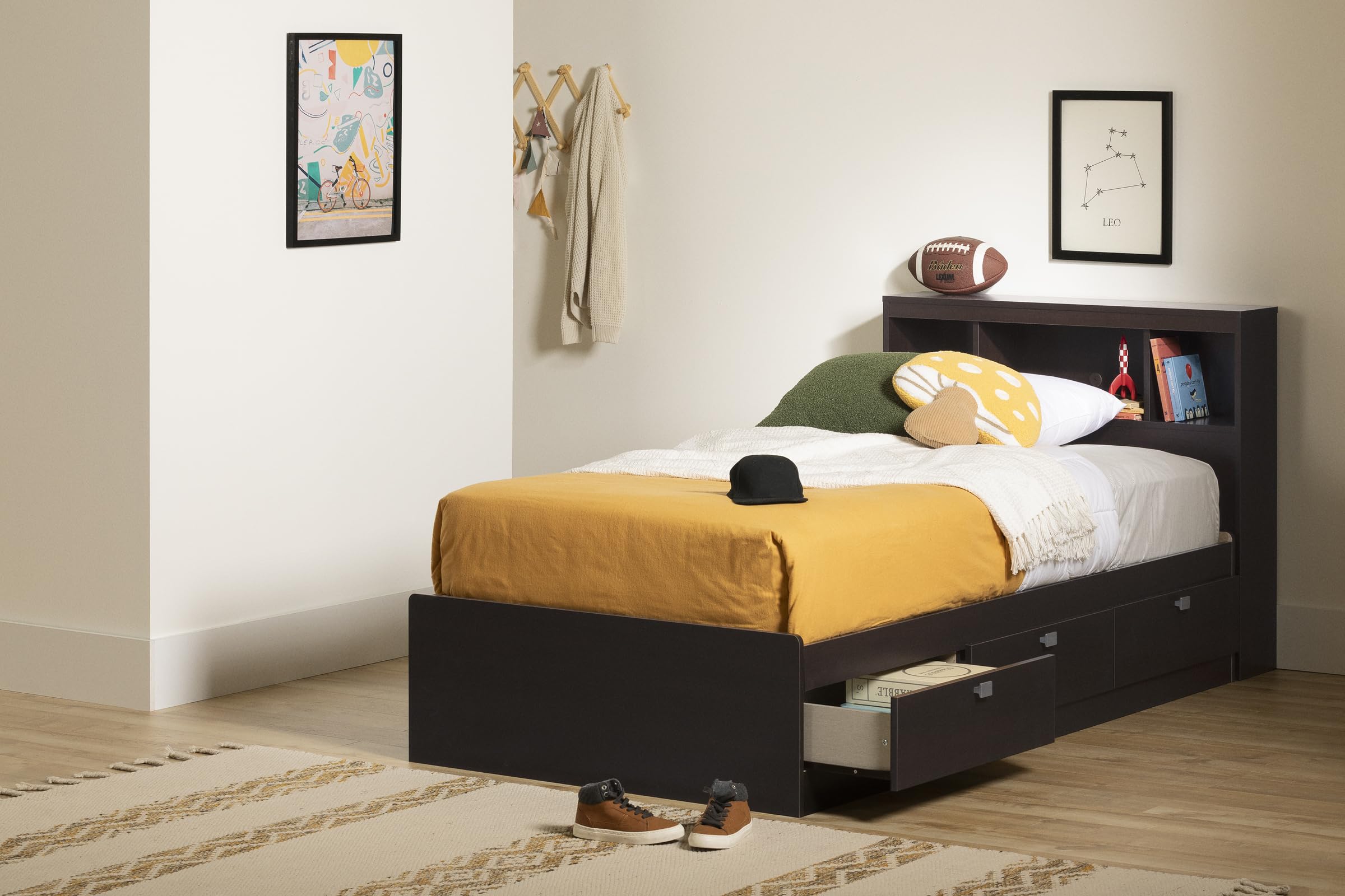 South Shore Twin Storage Bed with Bookcase Headboard in Chocolate - Space-Saving Kids Bedroom Furniture for Small Rooms & Dorm Organization