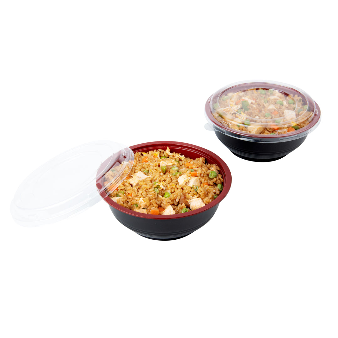 24 oz Round Black and Red Plastic Panda Bowl with Clear Lid - Microwave Safe Asian Style Soup Noodle Bowl (6.5