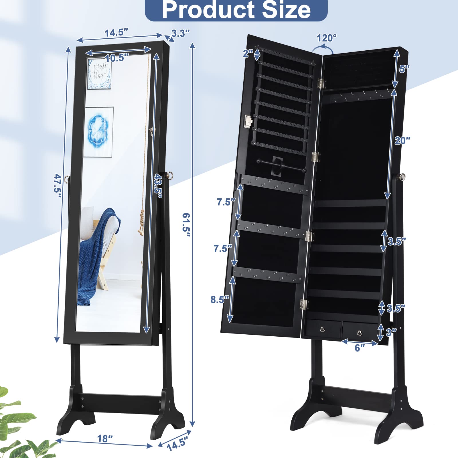 Lockable Full-Length Mirror Jewelry Armoire Organizer - Large Jewelry Storage Cabinet with 4 Adjustable Hooks & 2 Drawers, 2-in-1 Jewelry Box for Necklaces, Rings & Accessories - Perfect for Bedroom, Closet & Dressing Room (Black)