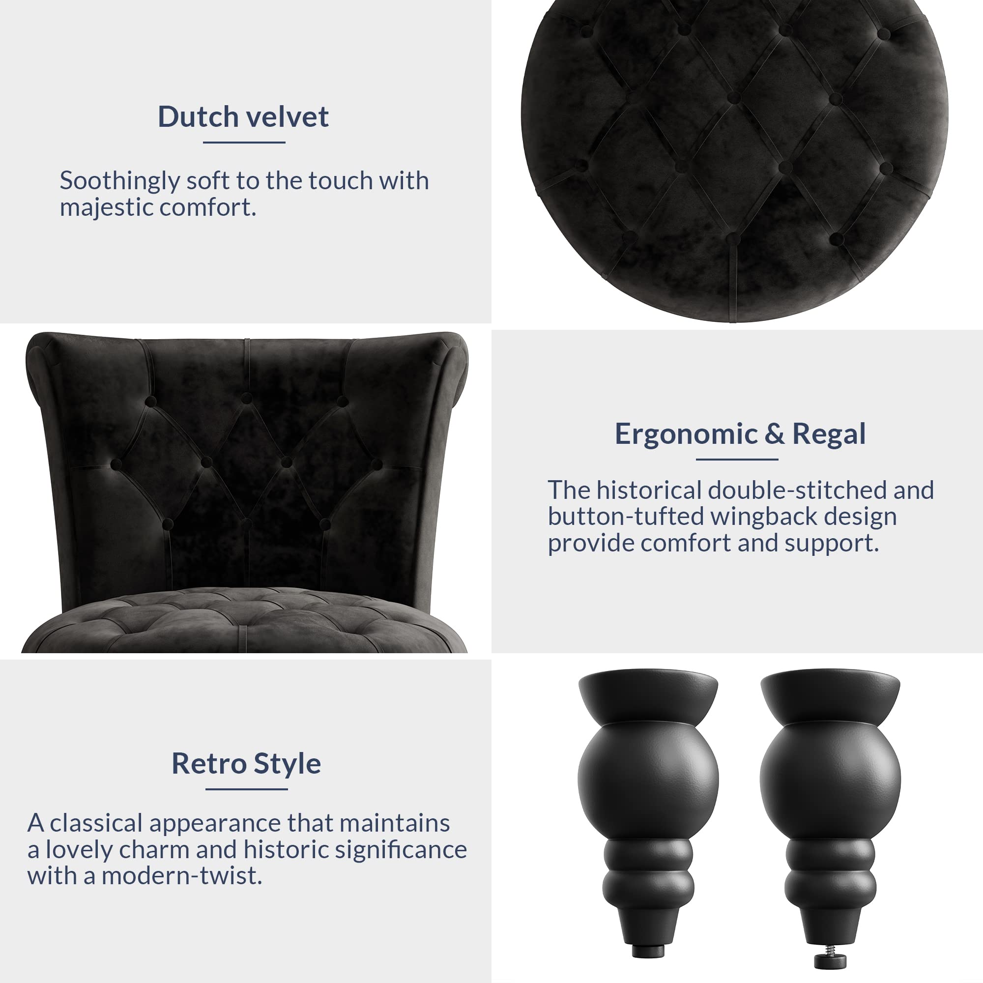 BELLEZE Throne Royal Accent Chair - Luxurious Button-Tufted Velvet Upholstery, Low Back Armless Design with Thick Padding & Sturdy Rubberwood Legs - Perfect for Living Room, Bedroom or Office Decor (Black, Malik Style)