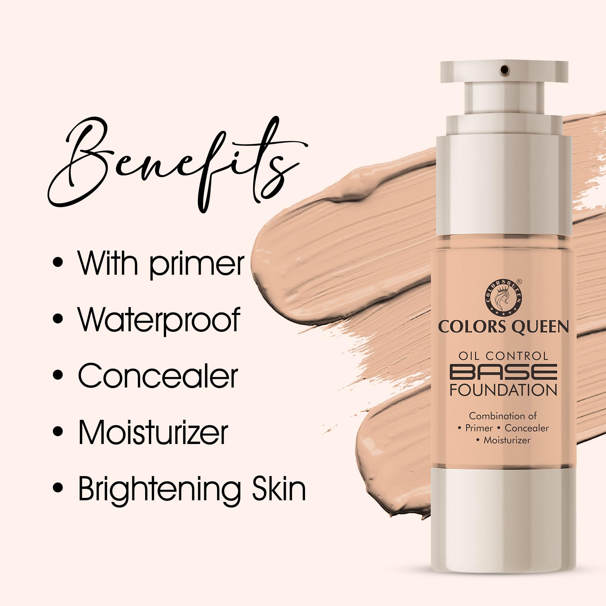 Colors Queen Oil Control Liquid Foundation with Primer, Concealer & Moisturizer | Skin Brightening Water-Resistant Dewy Finish Makeup (02 Natural, 30ml) | Perfect for Daily Wear, Special Occasions & Long-Lasting Coverage