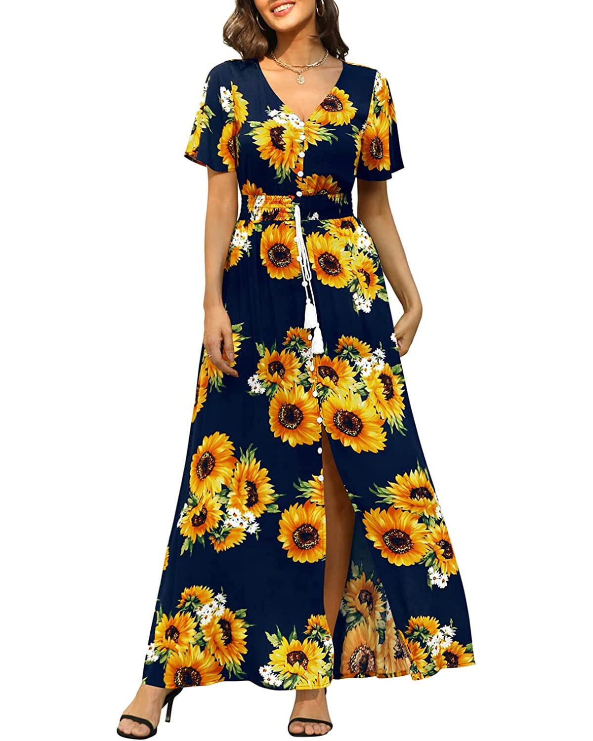 Floral Maxi Dress for Women - Button Up Summer Dress with Side Split & Flowy Print - Perfect for Beach, Party & Vacation Outfits