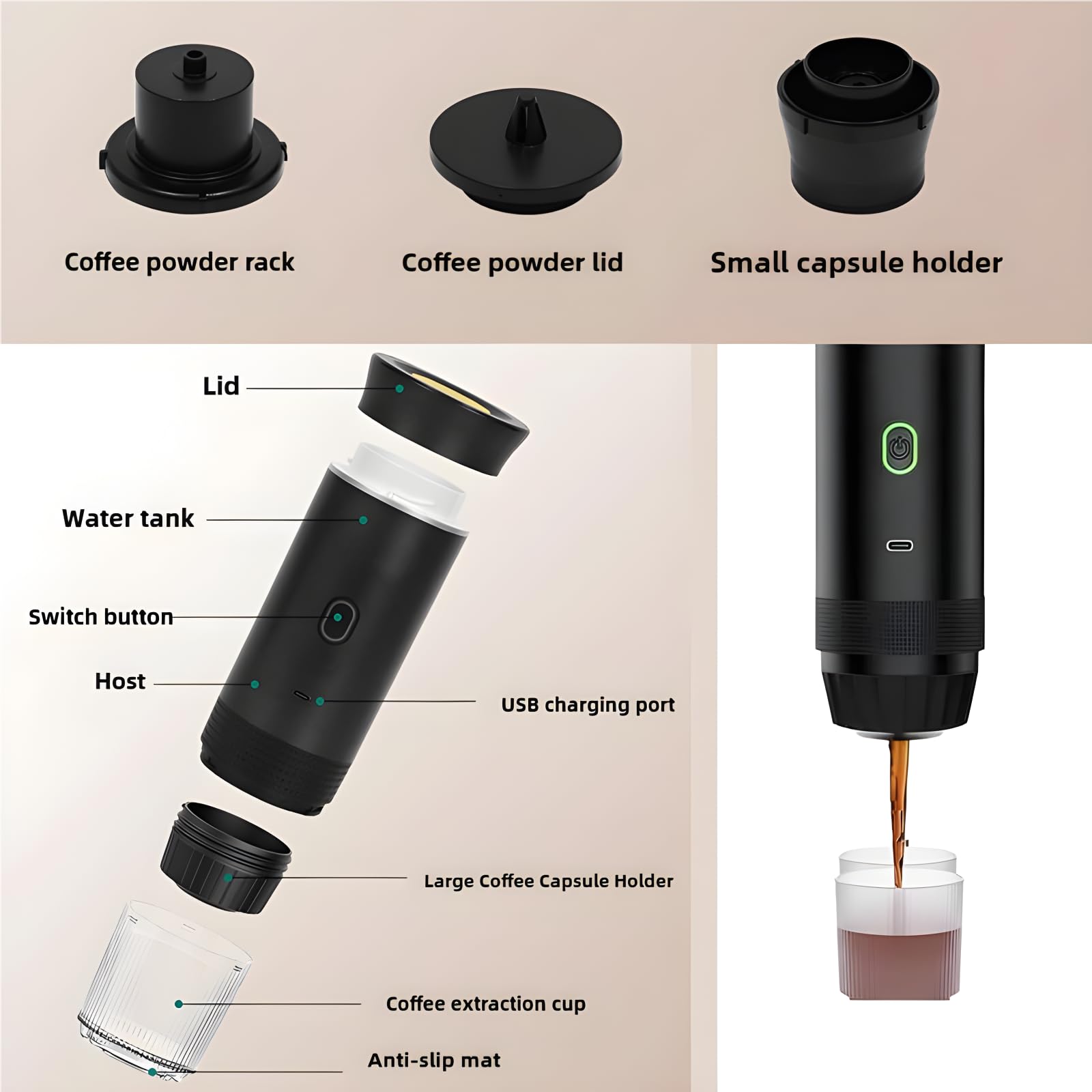 Portable Electric Espresso Machine - Rechargeable Mini Travel Coffee Maker with Self-Heating for Car, Camping, Home & Office | Compact & Fast Brewing | Perfect for Travel, Road Trips & Outdoor Adventures (Gray)