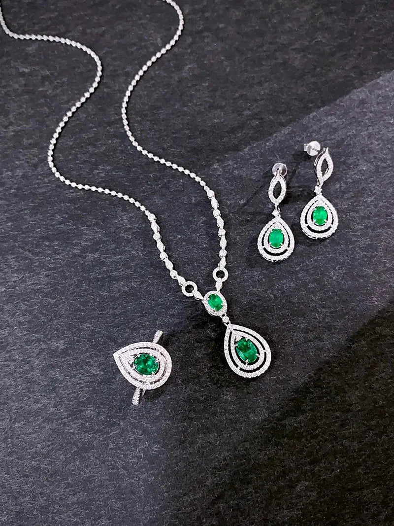 18K White Gold Diamond & Natural Emerald Jewelry Set for Women - Elegant Necklace, Earrings & Ring Set | Luxury Gift for Anniversary, Wedding & Special Occasions