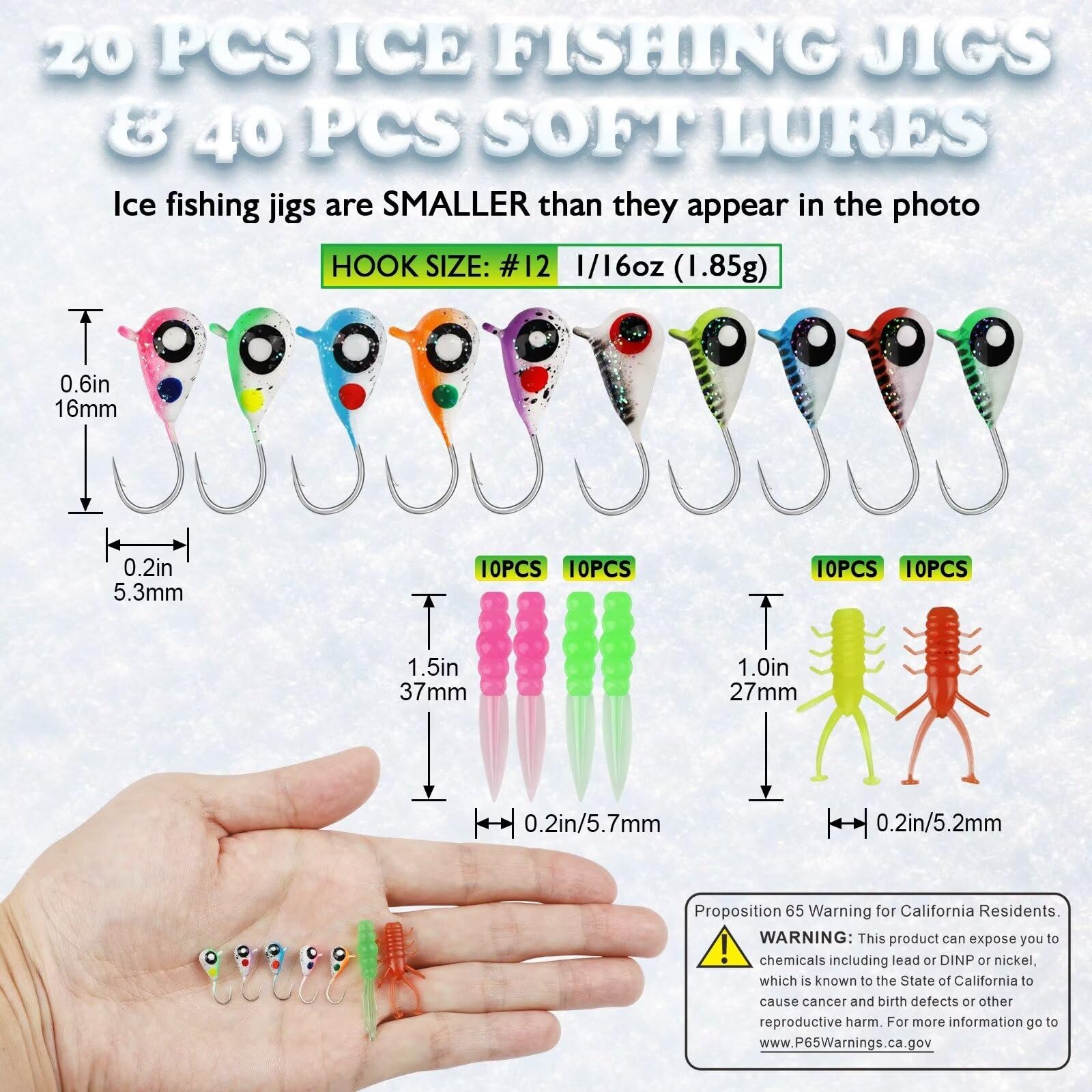 20pcs/60pcs Tungsten Ice Fishing Jigs with Glow in Dark Feature - 1/16oz (1.85g) Crappie Lures for Panfish & Walleye - Durable Ice Fishing Gear - Perfect Gift for Anglers - Ideal for Winter Ice Fishing & Night Fishing Adventures