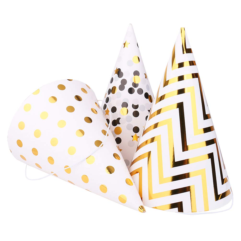 Boieo 12-Pack Gold Polka Dot Striped Birthday Party Hats for Adults & Kids - Fun Cone Hats for Birthday Celebrations, Baby Showers, and Festive Events