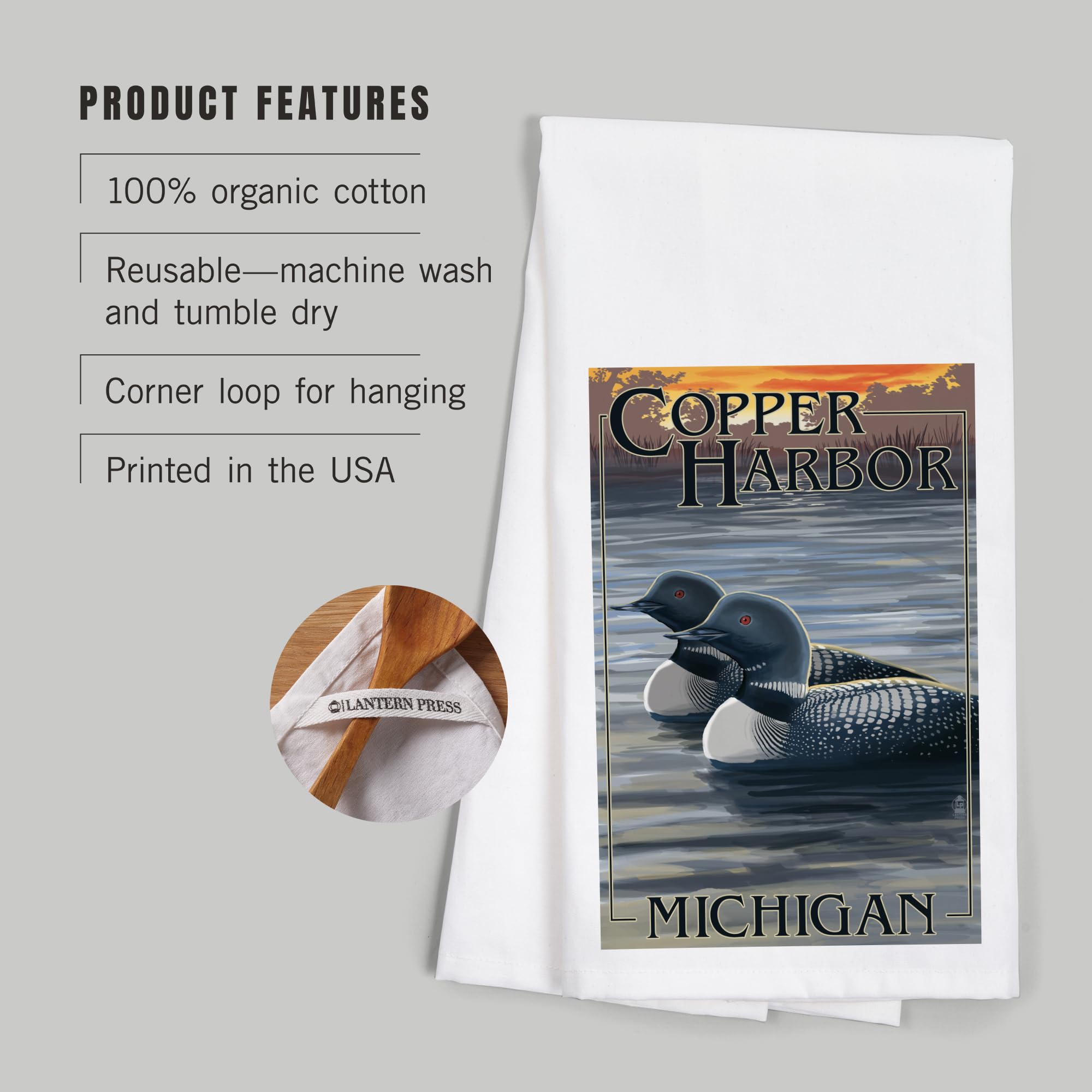 Lantern Press Copper Harbor Michigan Loon Family 100% Cotton Tea Towel - Decorative Hand Towel for Kitchen, Home Decor & Gift - Perfect for Dish Drying, Wall Art & Cozy Farmhouse Style