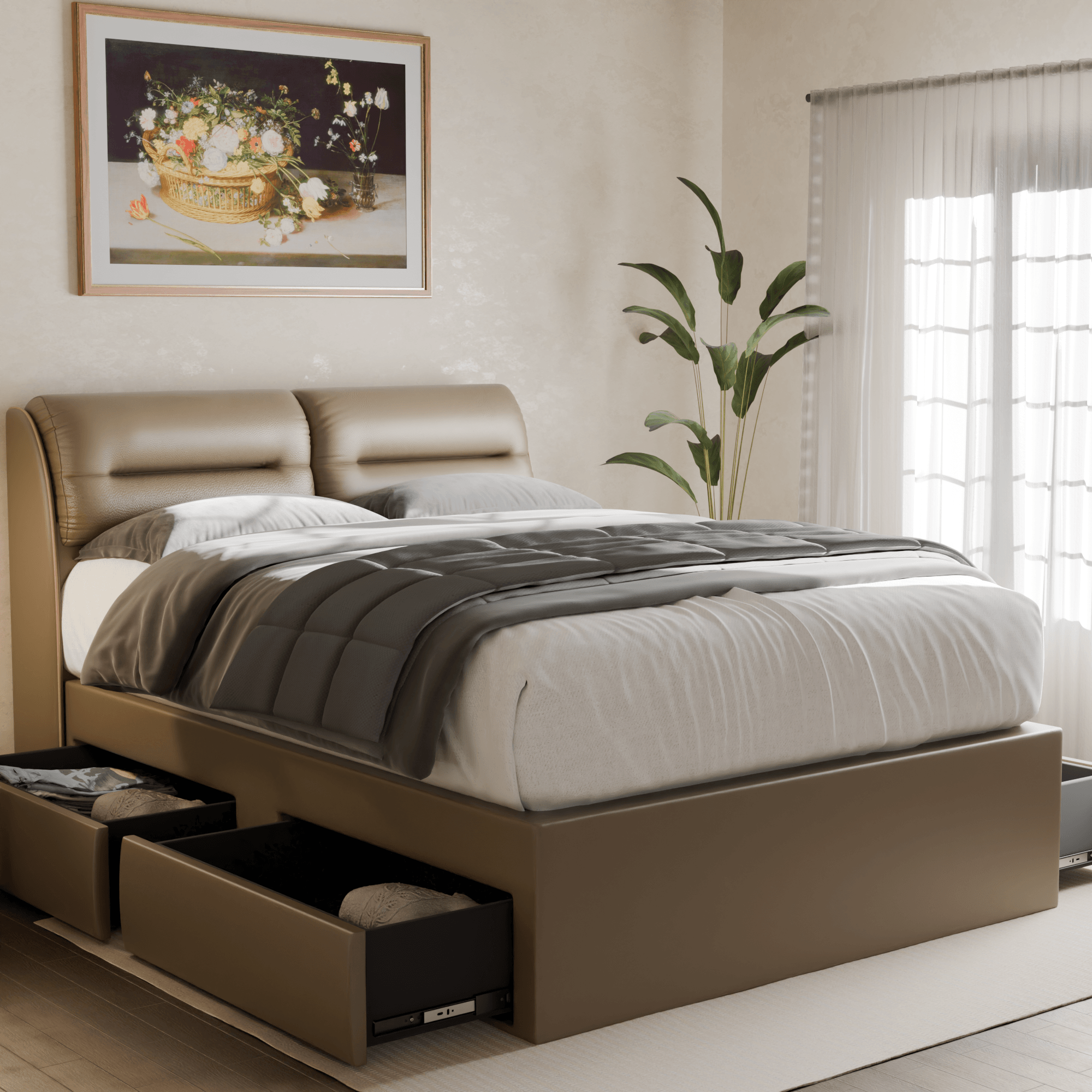 Hanubee Faux Leather Drawer Storage Bed Frame with USB Ports - Queen Size Platform Bed with Underbed Storage Drawers for Small Space Bedroom, Guest Room or Dorm