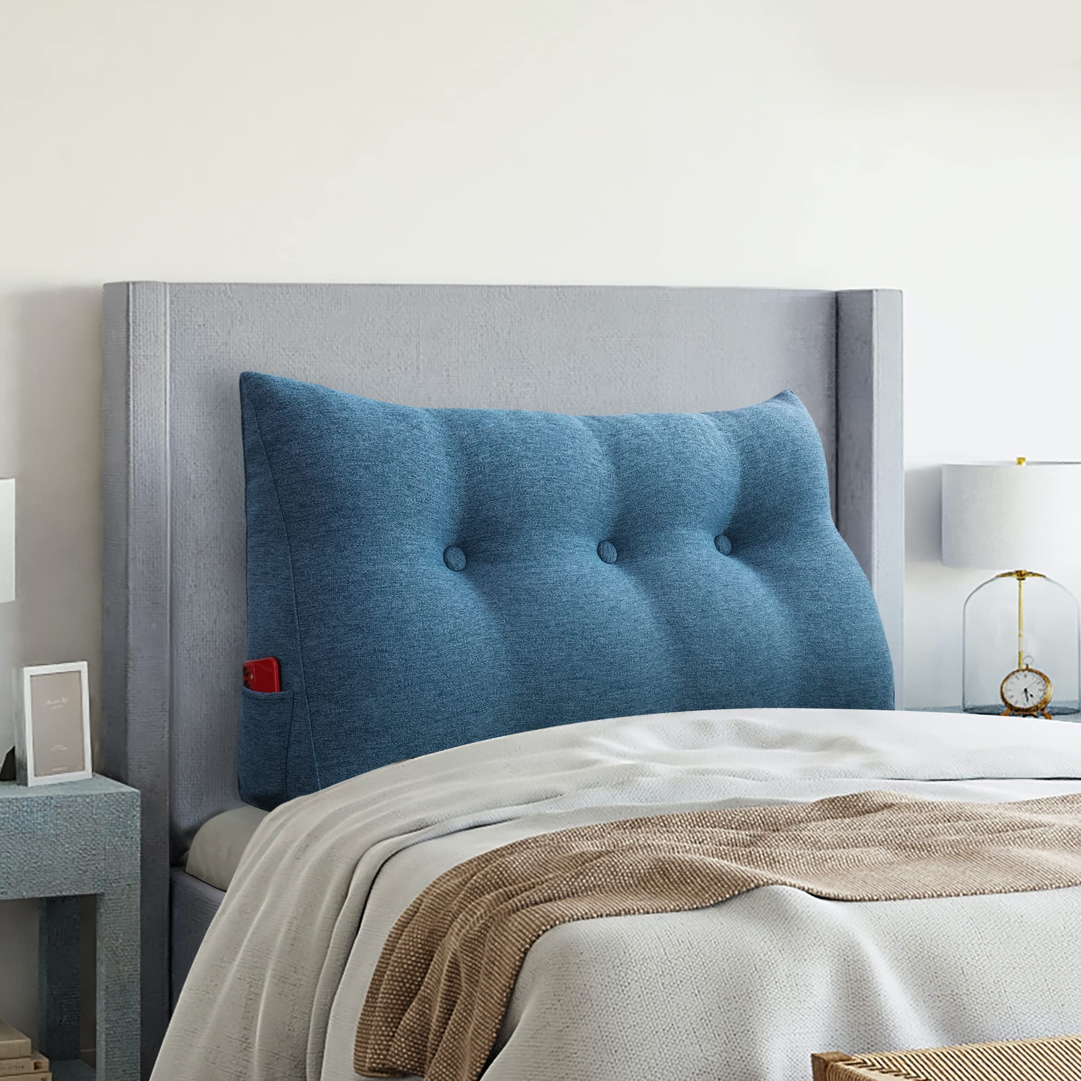 Triangular Headboard Wedge Pillow - Linen Blue Twin Size for Daybeds, Bed Rest & Reading Support - Ergonomic Lumbar Positioning & Gap Filler Cushion | Perfect for Back Support, Reading in Bed & Sofa Lounging