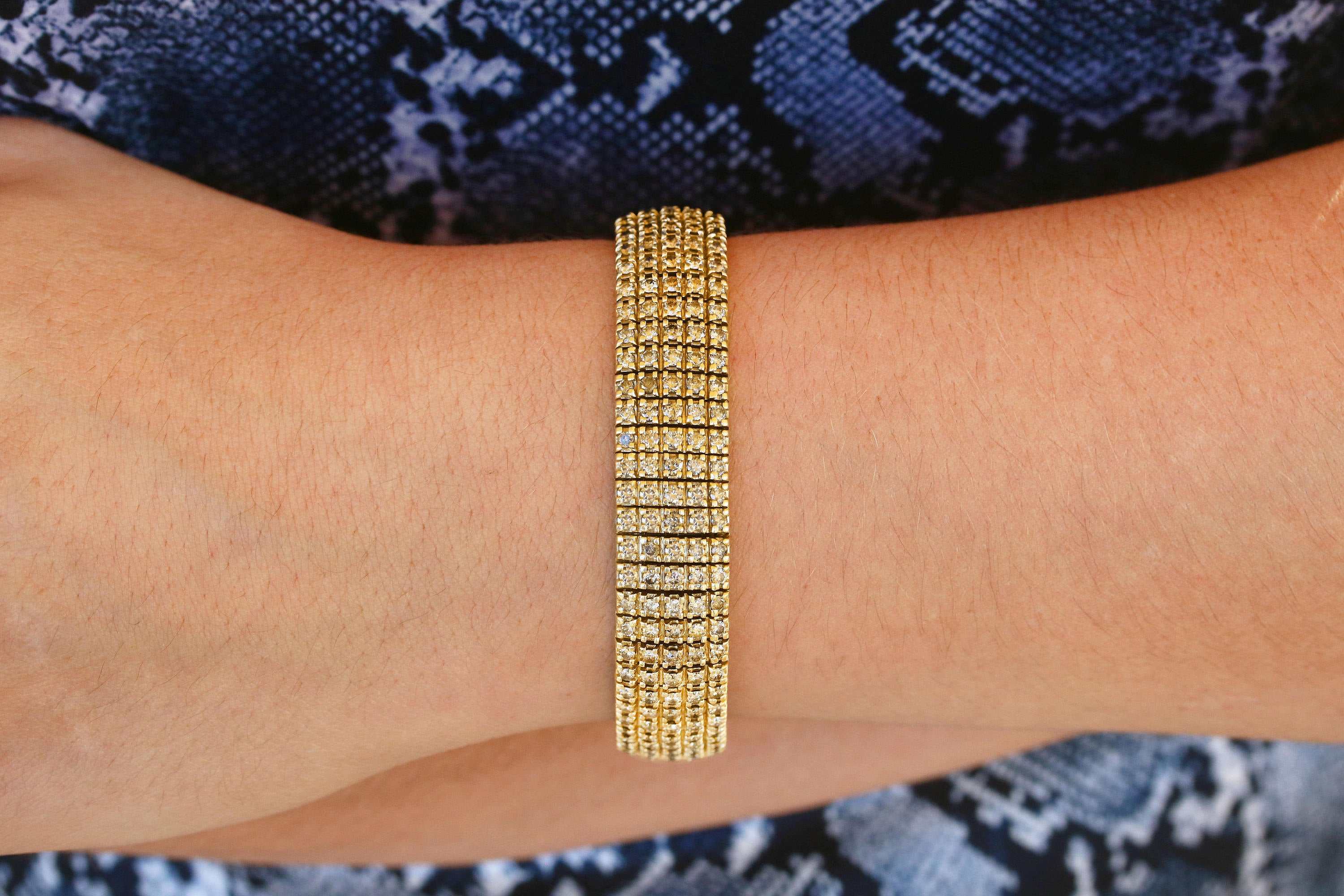 9.57tcw 44.8 Grams Heavy 5 Diamond Row Champagne Diamond Bracelet for Women - Elegant Tennis Bracelet for Wedding, Anniversary & Special Occasions