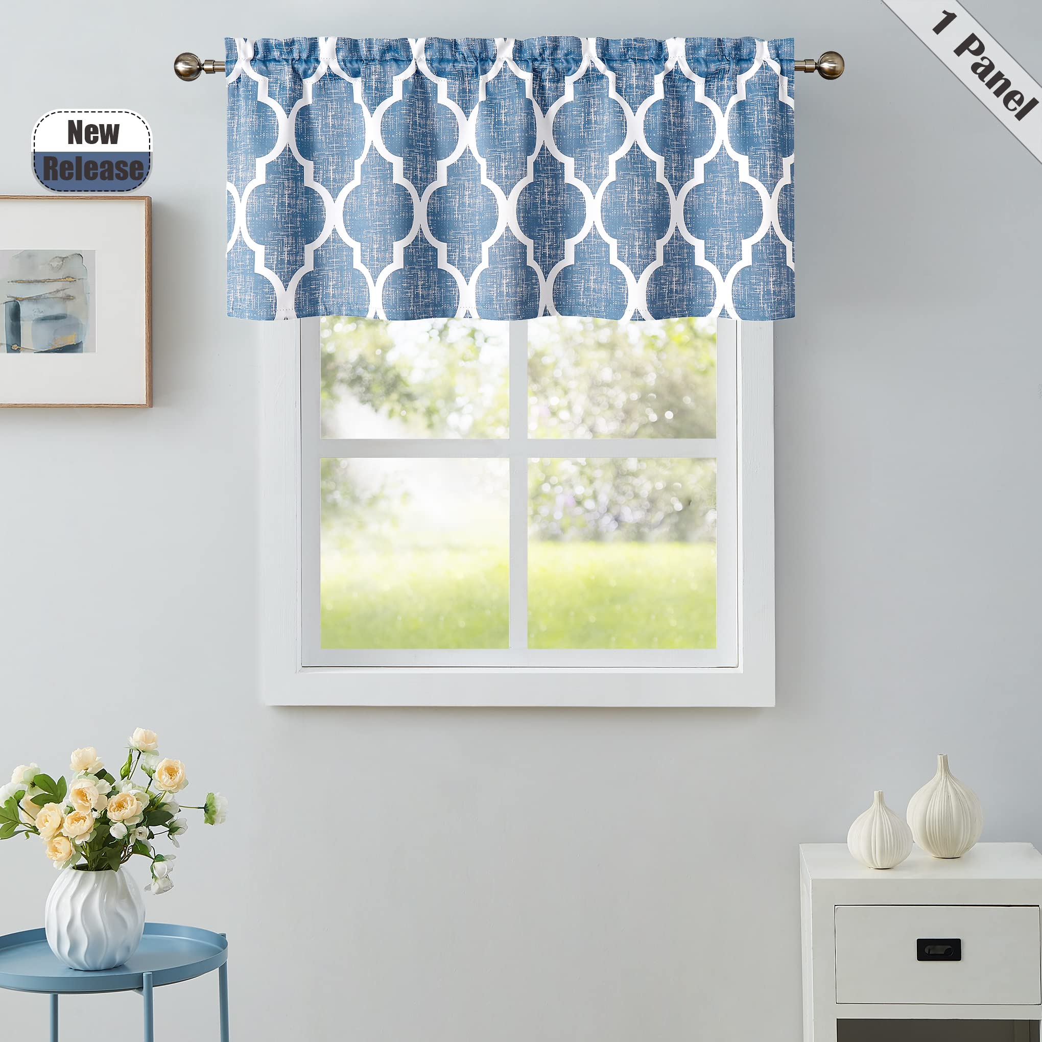Beauoop Moroccan Tiles Print Blackout Curtains - Geometric Window Treatment for Kitchen, Cafe, Living Room & Bathroom - Blue, 50