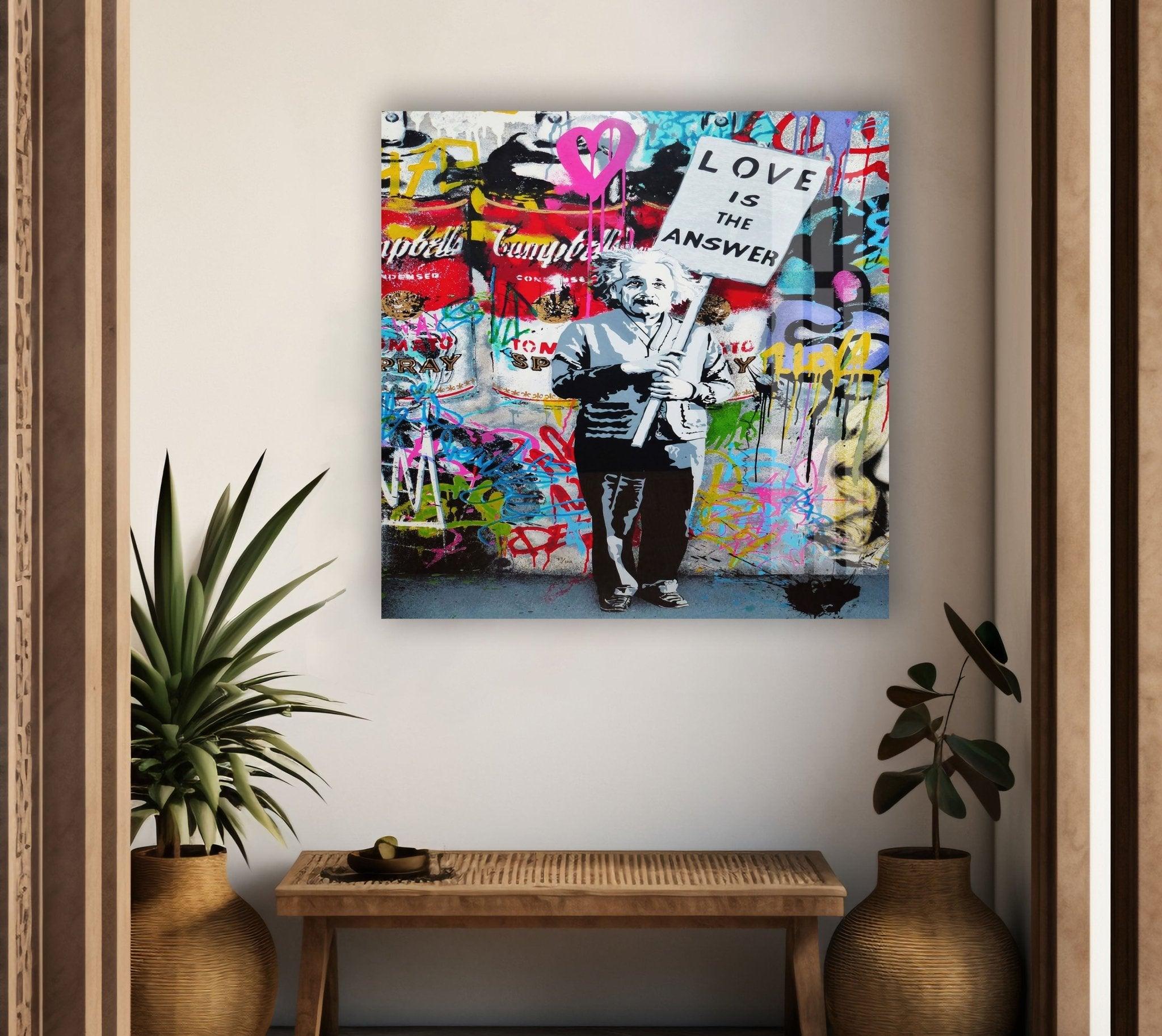 Banksy Einstein Graffiti Glass Wall Art - Modern Home Decor for Living Room, Office & Bedroom - Unique Street Art Inspired Glass Painting
